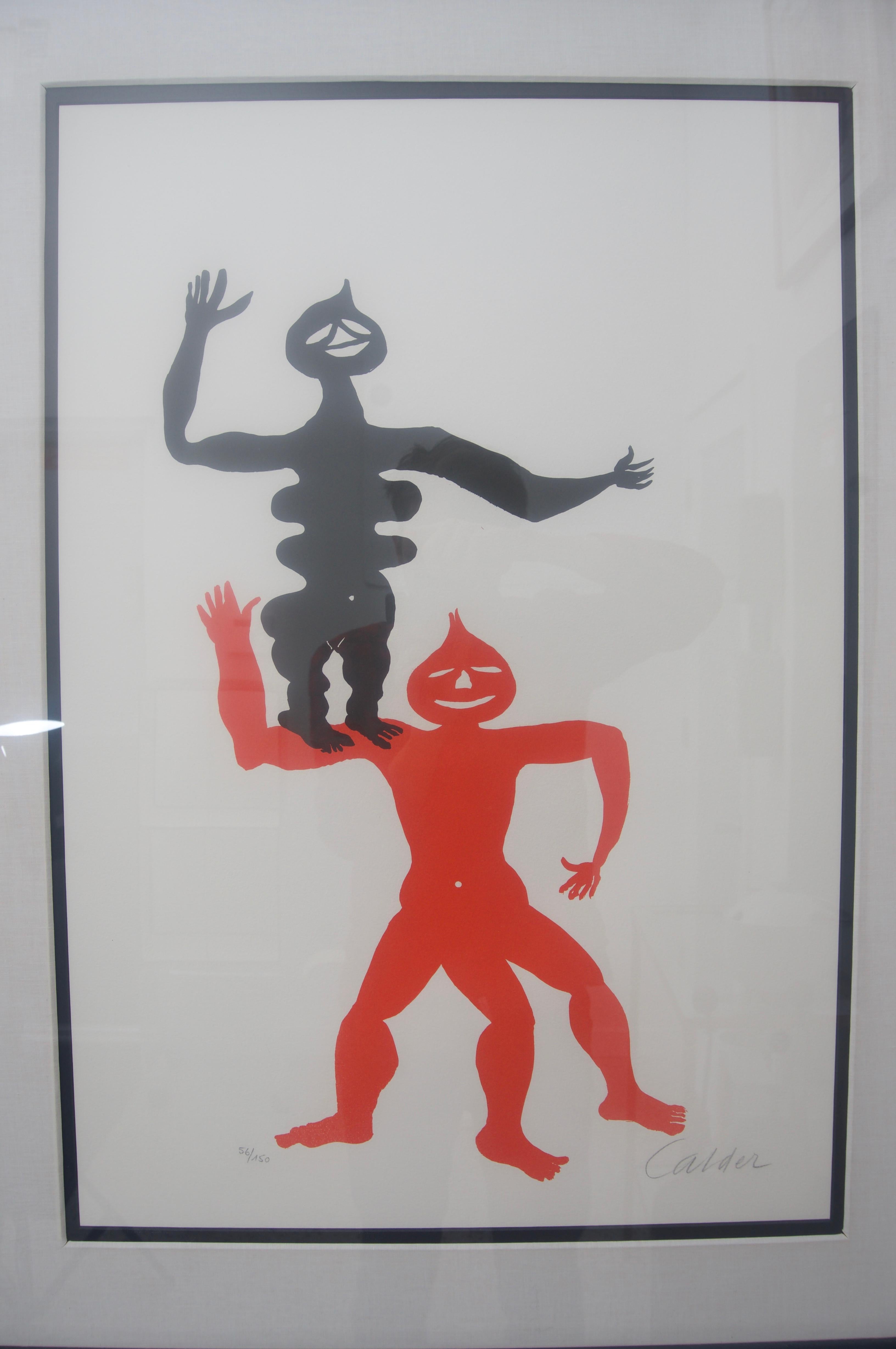 The Acrobats Lithograph by Calder is a rare piece. Original period frame with archival matting and paper.