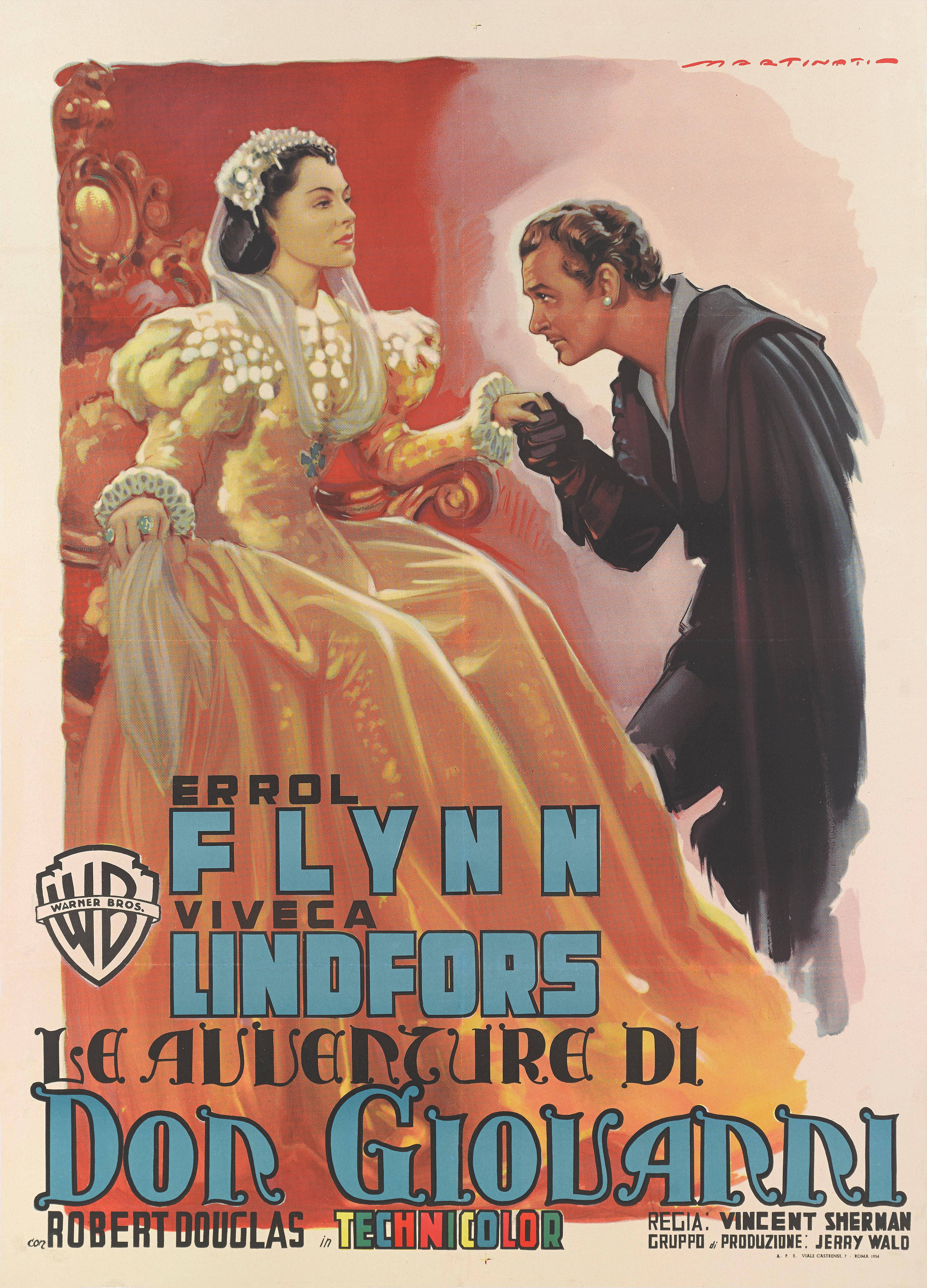 Original Italian film poster for Don June. This was Errol Flynn's last big budget.
Movie and a perfect role for Flynn. The poster features beautiful artwork by the renowned Italian poster designer Luigi Martinati (1893-1984).
