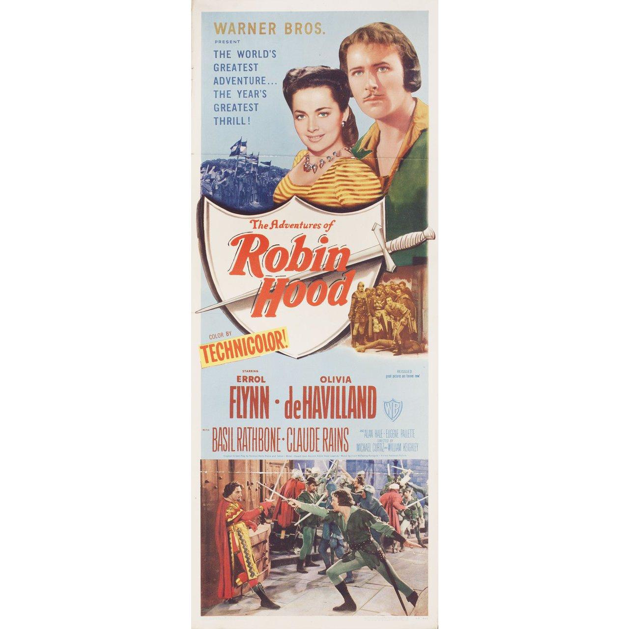 Original 1948 re-release U.S. insert poster for the 1938 film The Adventures of Robin Hood directed by Michael Curtiz / William Keighley with Errol Flynn / Olivia de Havilland / Basil Rathbone / Claude Rains. Very Good-Fine condition, folded. Many