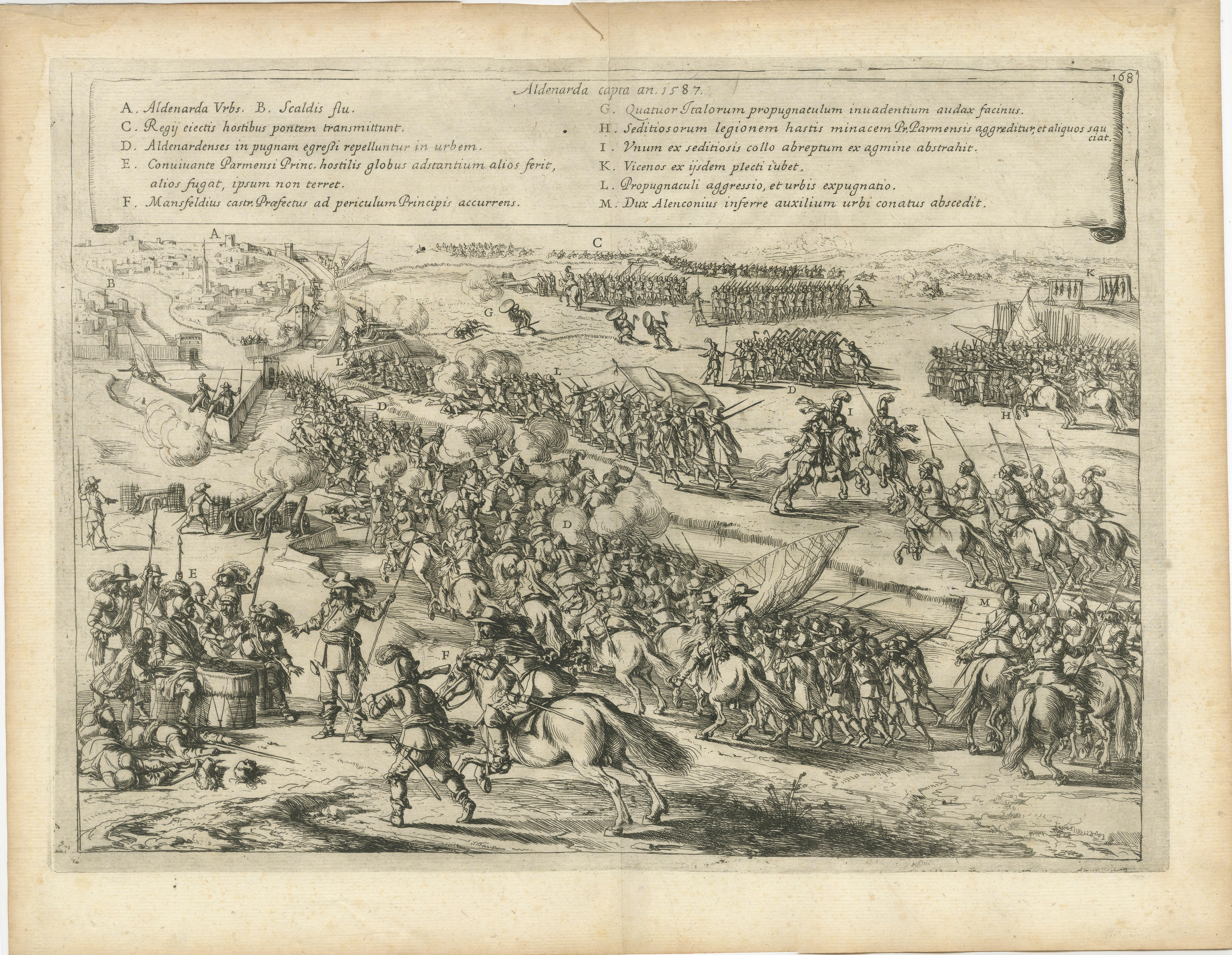 This original rare print depicts the siege and capture of Oudenaarde on July 5, 1582, during the Eighty Years' War. A notable incident during this event was the miraculous escape of the Duke of Parma, Alessandro Farnese, who was unharmed after a