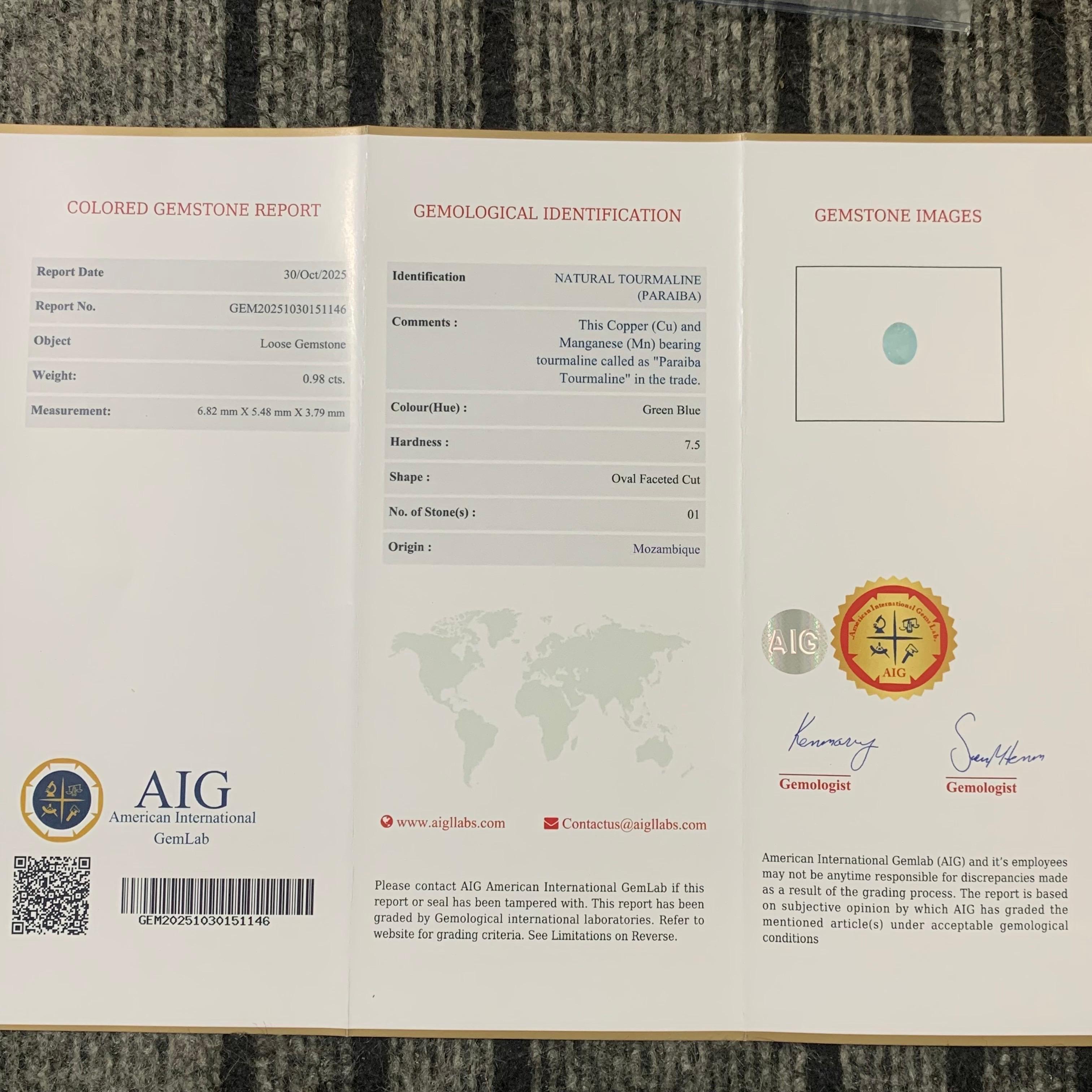 Gemma di forma ovale di tormalina Paraiba sciolta naturale certificata AIG da 0,98 carati in vendita 10