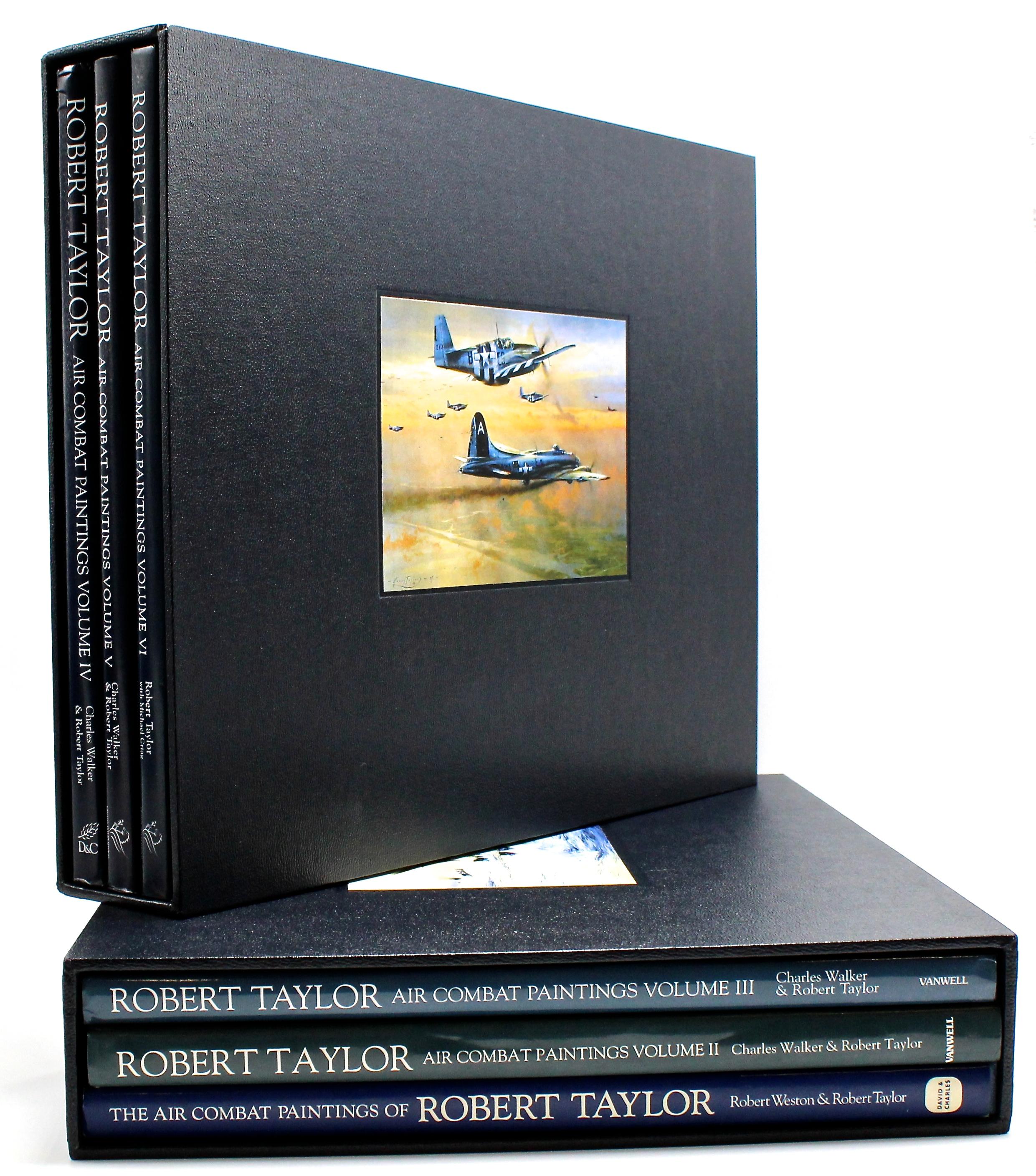 Taylor, Robert et Charles Walker. Les peintures de combat aérien de Robert Taylor. Publié de 1990 à 2009 par divers éditeurs. Ensemble en six volumes signé et inscrit deux fois par Taylor et signé par 51 pilotes de chasse. Présentés dans des étuis