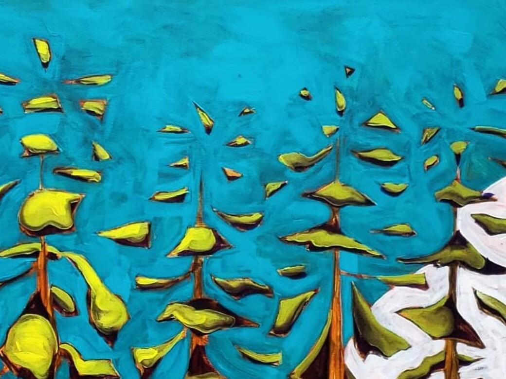 Mid-Century Modern The Air Up Up There par James Mattison, 30x40, huile sur toile de bois, 2021 en vente