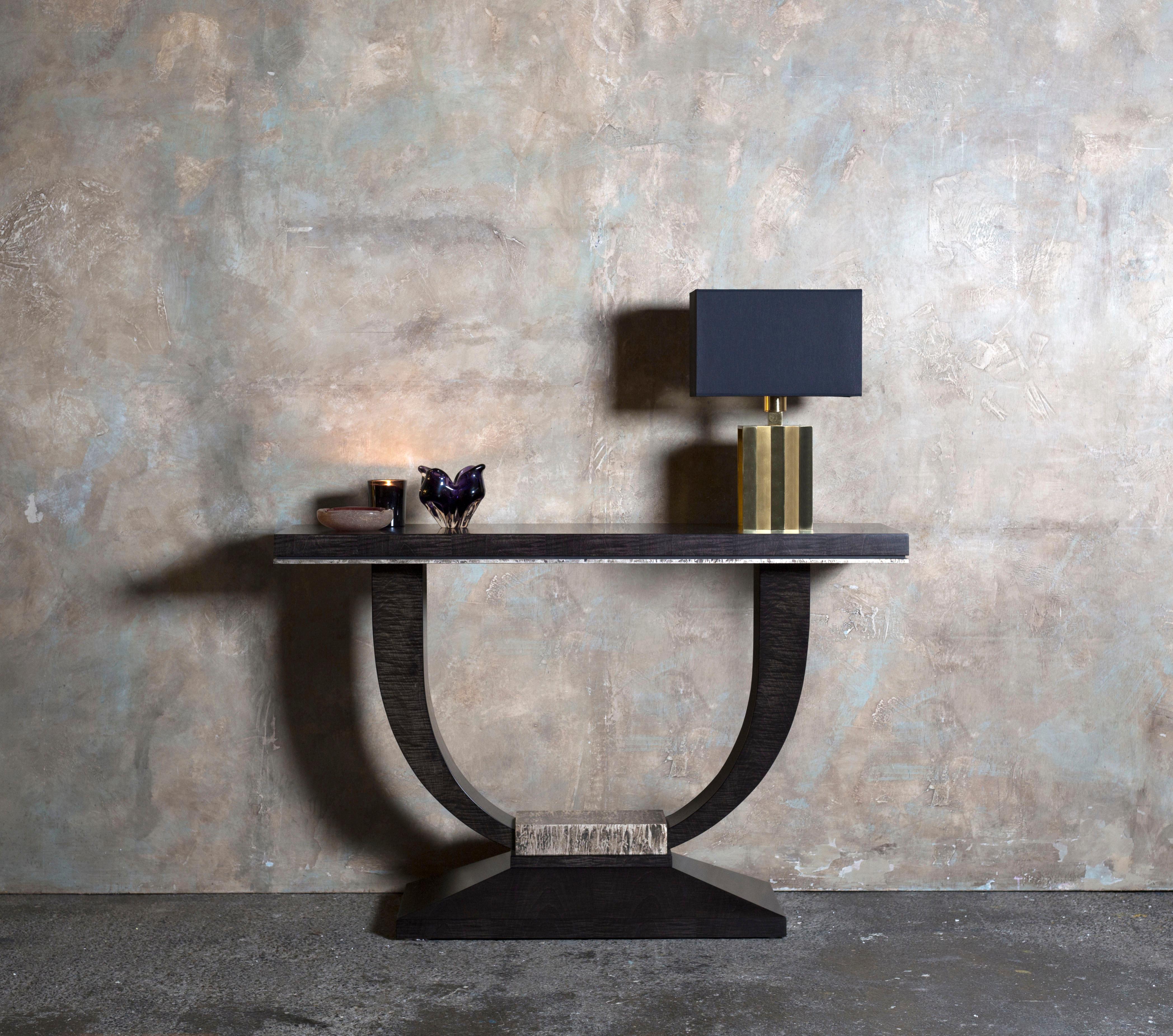 Modern Davidson's Art Deco Albany Console Table, in Sycamore Black with Polished Nickel