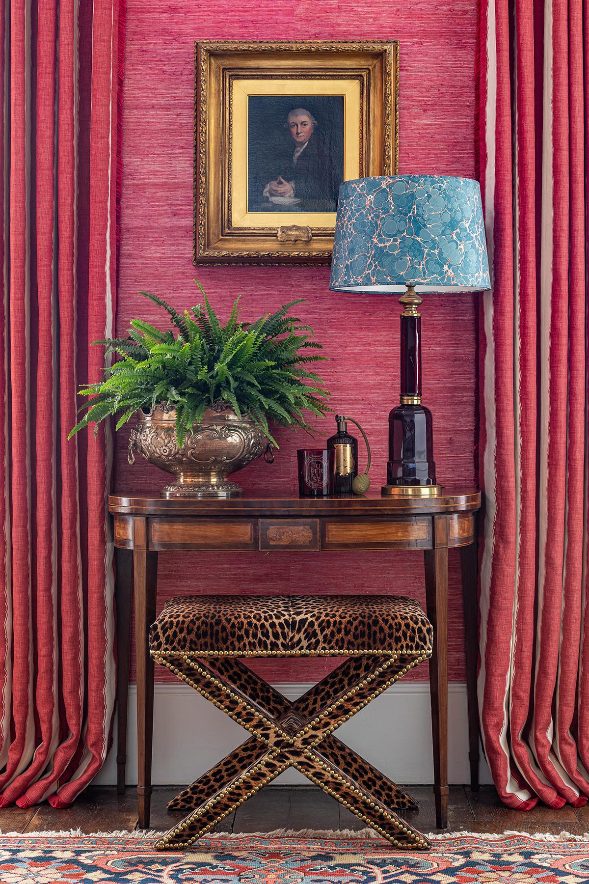 Regency The Alexander X-Frame stool, upholstered in Leopard Velvet with nailing detail For Sale