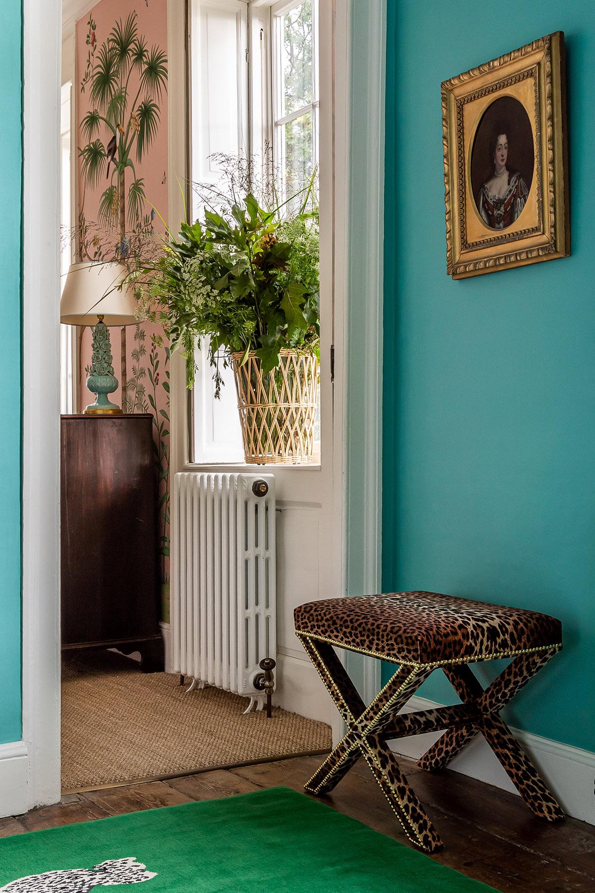 English The Alexander X-Frame stool, upholstered in Leopard Velvet with nailing detail For Sale
