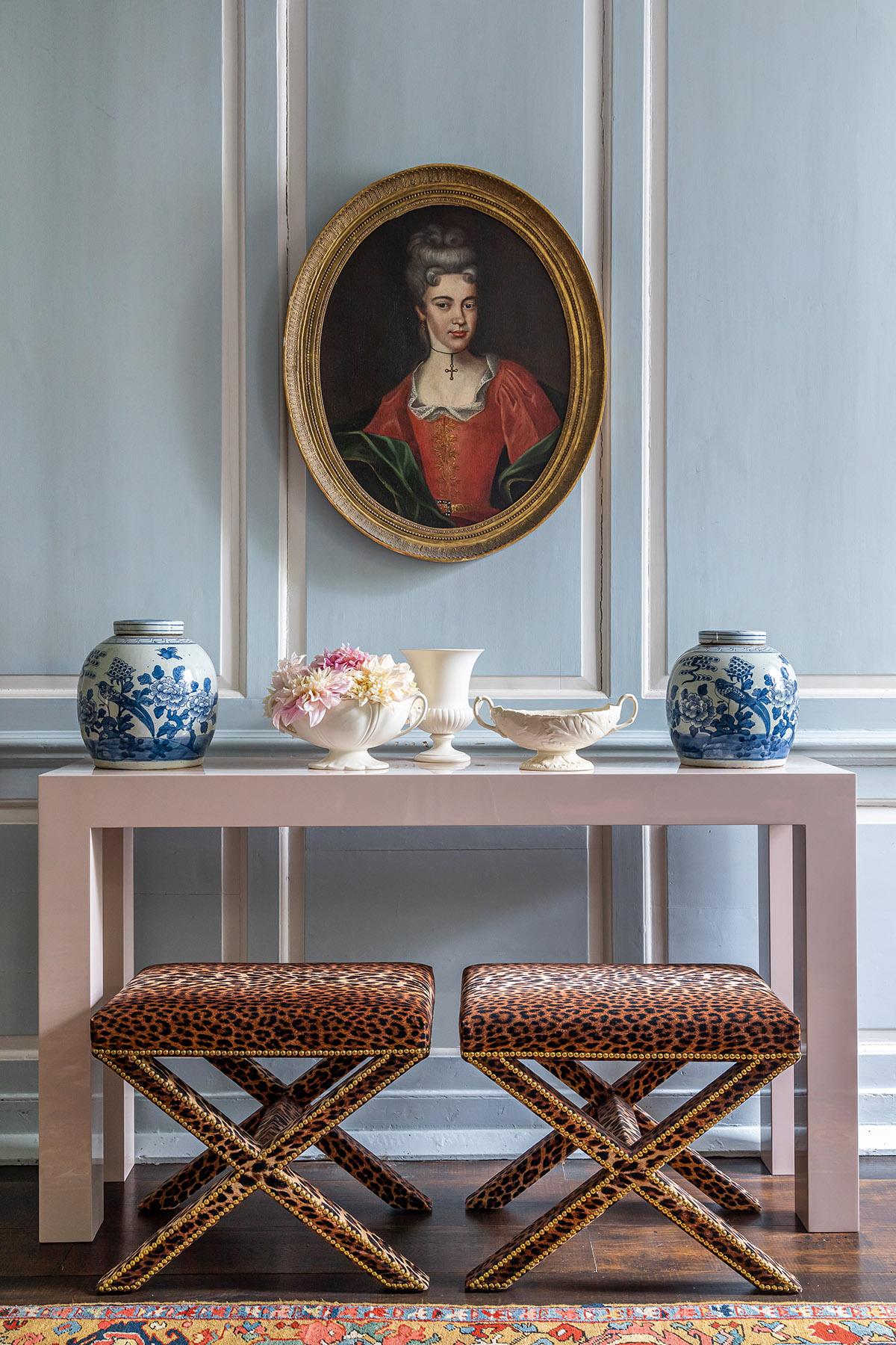 Hand-Crafted The Alexander X-Frame stool, upholstered in Leopard Velvet with nailing detail For Sale