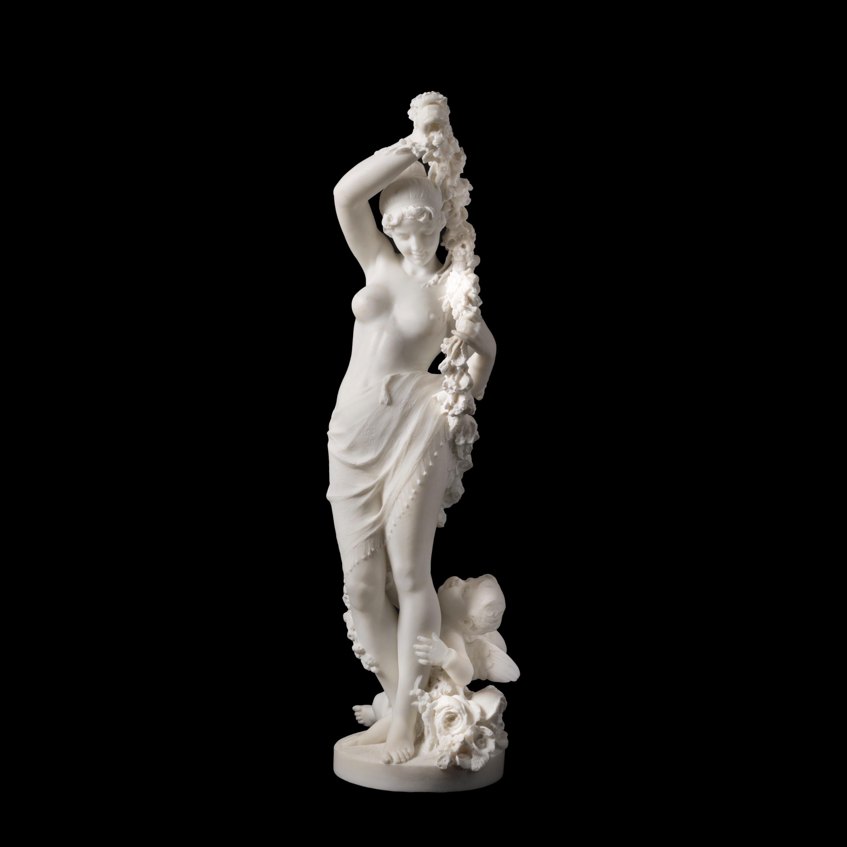 Allegory of Spring

Carved from statuary marble, the female figure posed in a gentle contrapposto, a flowing skirt around her waist, as she hold a garland of flowers over her head, with a seated Cupid as her feet accompanied by a bouquet of