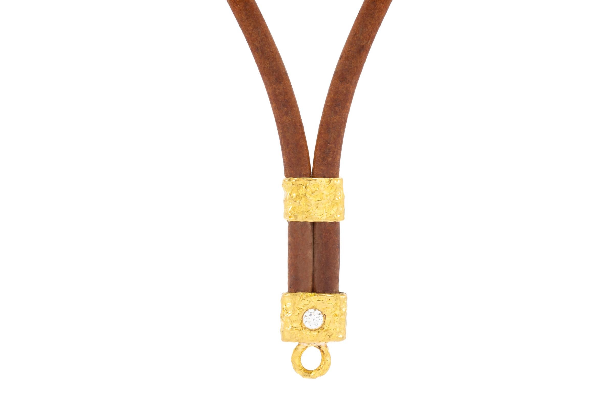 Artisan The Allegra Leather and 22k Gold Necklace in Brown, by Tagili For Sale