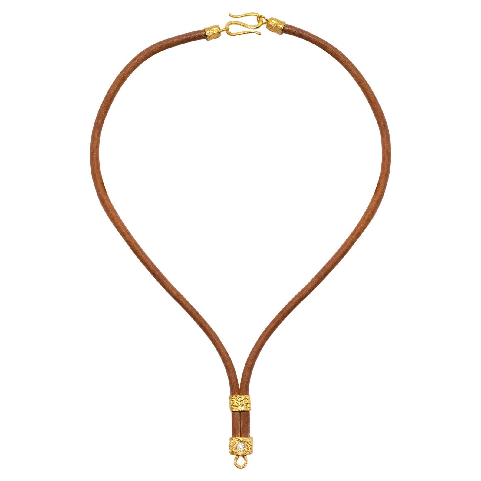 The Allegra Leather and 22k Gold Necklace in Brown, by Tagili