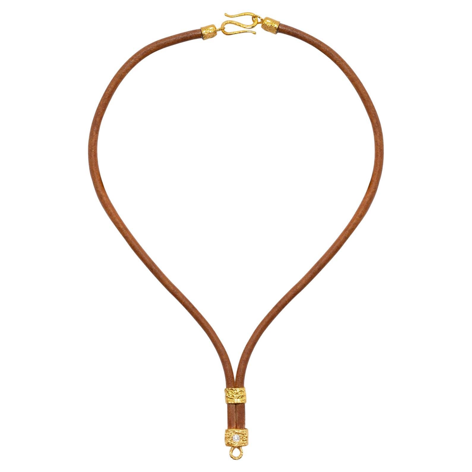 The Allegra Leather and 22k Gold Necklace in Brown, by Tagili