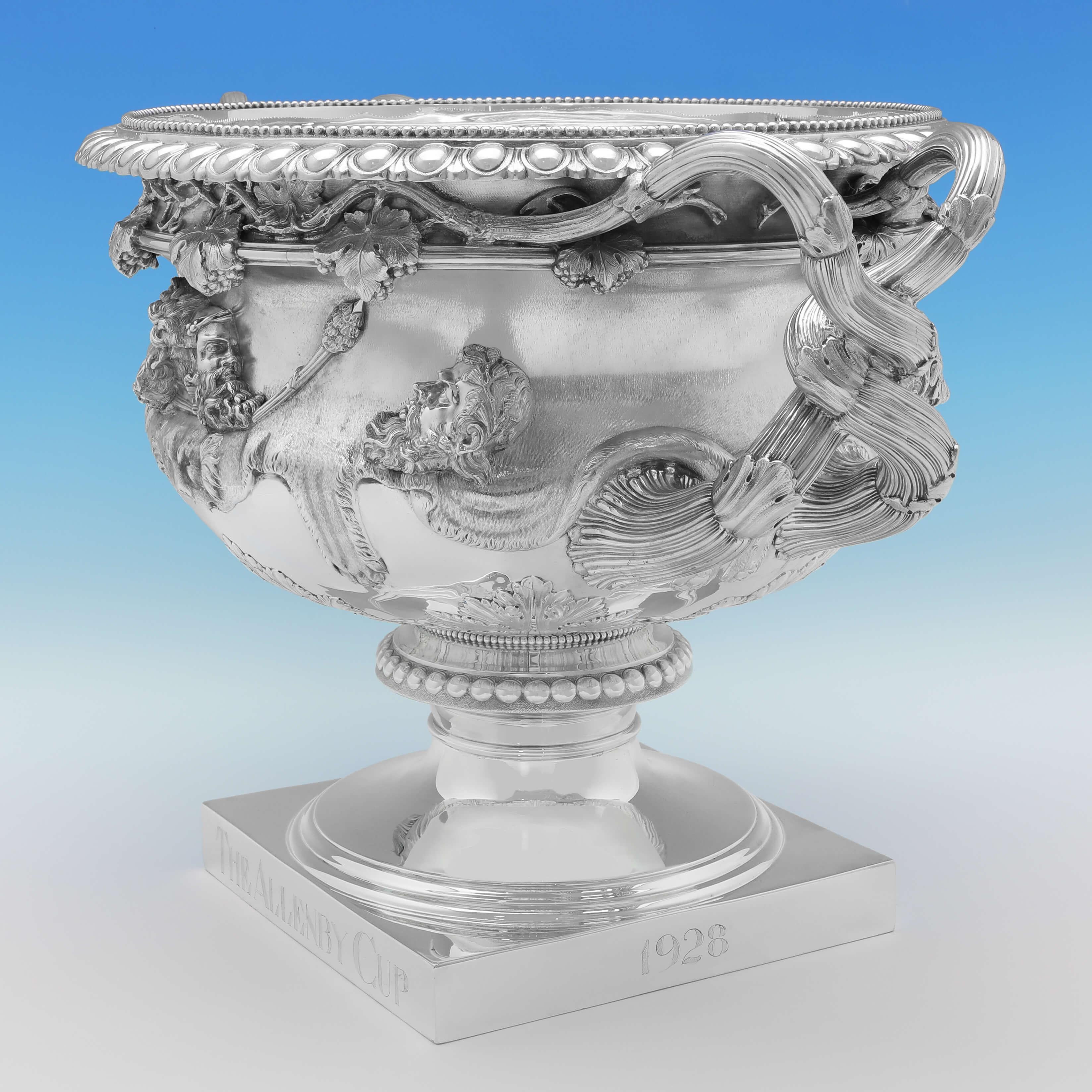 Hallmarked in London in 1906 by Barnards, this monumental, Edwardian, antique sterling silver Warwick vase, is exceptionally large and heavy, and wonderfully made. The base is engraved to one side with 'The Allenby Cup', and to another 'Heliopolis'