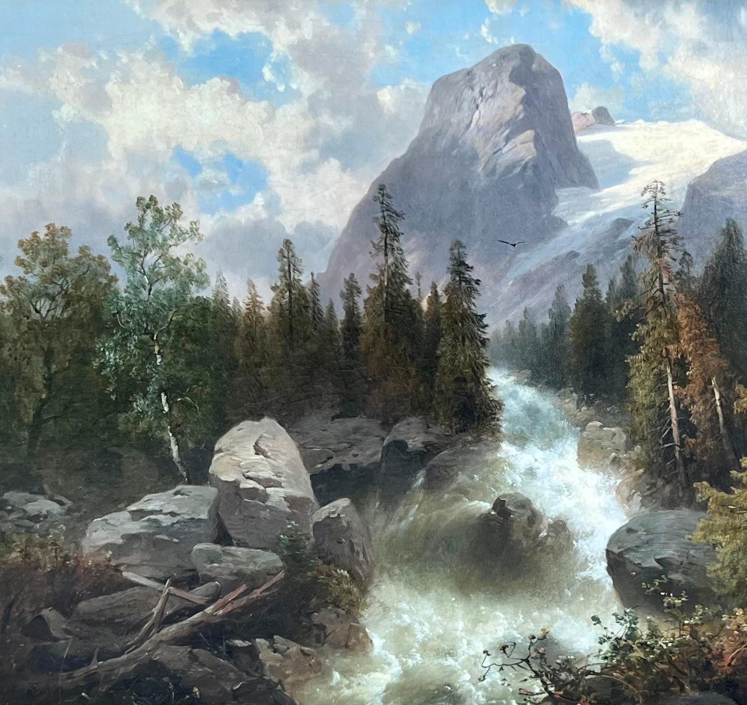 Oil on canvas, signed lower right featuring a swift moving river down the side of a mountainous landscape. 

Josef Thoma, son of Josef Thoma father (Vienna 1800-?) was born September 28, 1828 in Vienna.

He was probably trained by his father