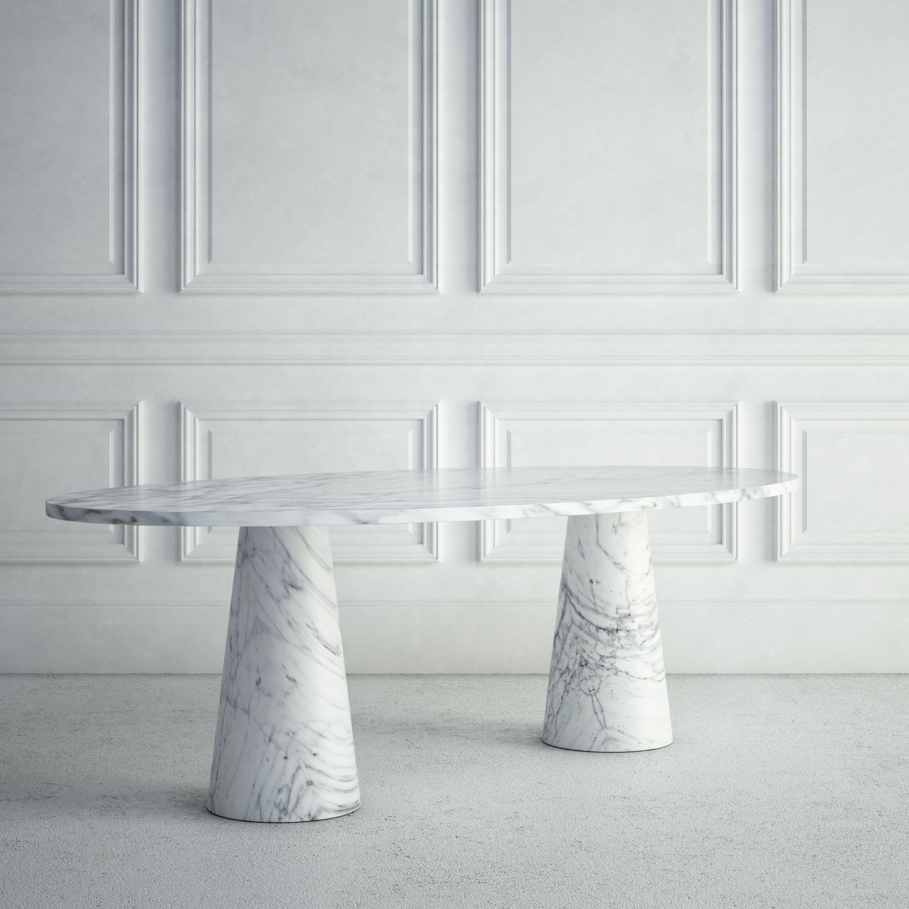 American The Amandine:  A Modern Stone Dining Table with an Oval Top and Conical Bases For Sale