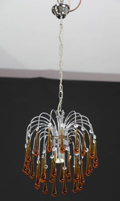 The Amber Crown, Murano Chandelier Amber and Crystal Drops, 1970s