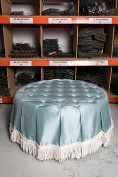 The Amelia Ottoman, deep buttoned blue silk, silk stripe & bullion fringe