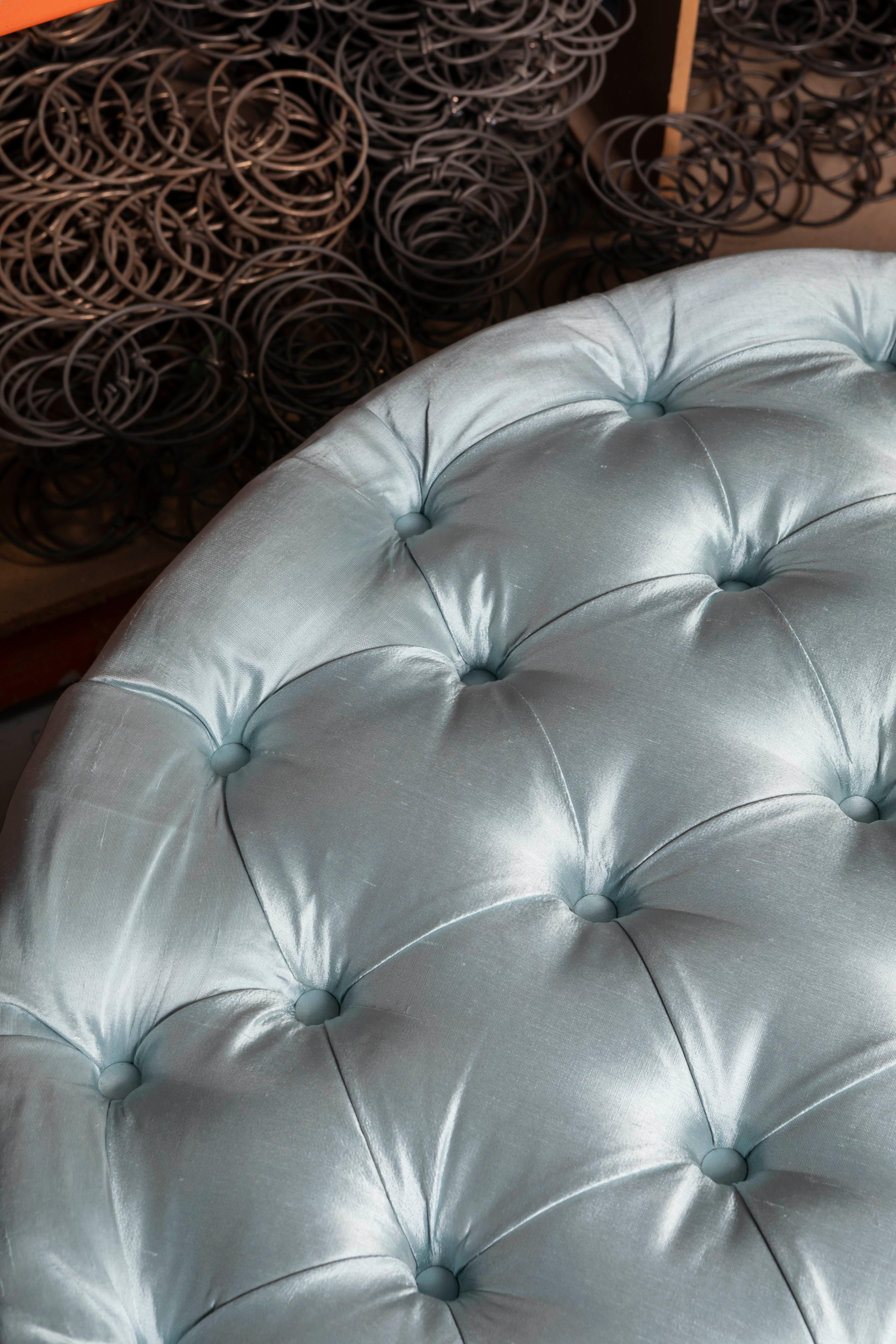 British The Amelia Ottoman, deep buttoned blue silk, silk stripe & bullion fringe For Sale