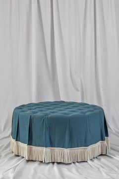 The Amelia Ottoman, in deep buttoned blue linen, ticking stripe & bullion fringe