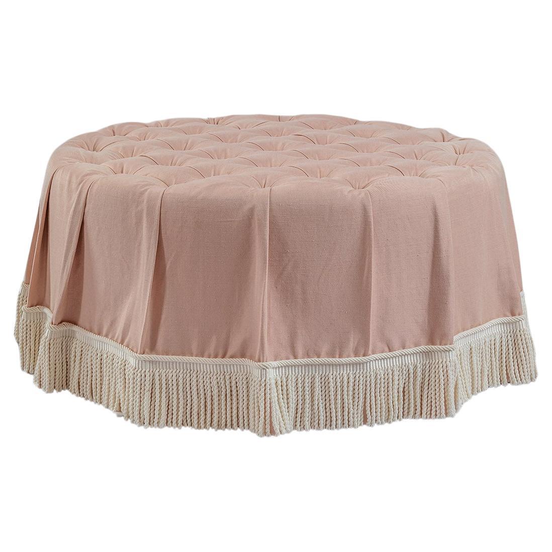 The Amelia Ottoman in deep buttoned pink linen, ticking stripe & bullion fringe For Sale