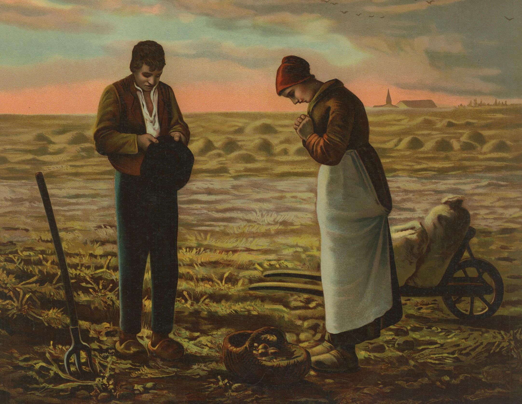 Der Angelus bei Sonnenuntergang, nach Millet, antike europäische Chromolithographie

Diese stimmungsvolle europäische Chromolithografie aus dem späten 19. Jahrhundert zeigt eine andächtige ländliche Szene, die von Jean-François Millets berühmtem