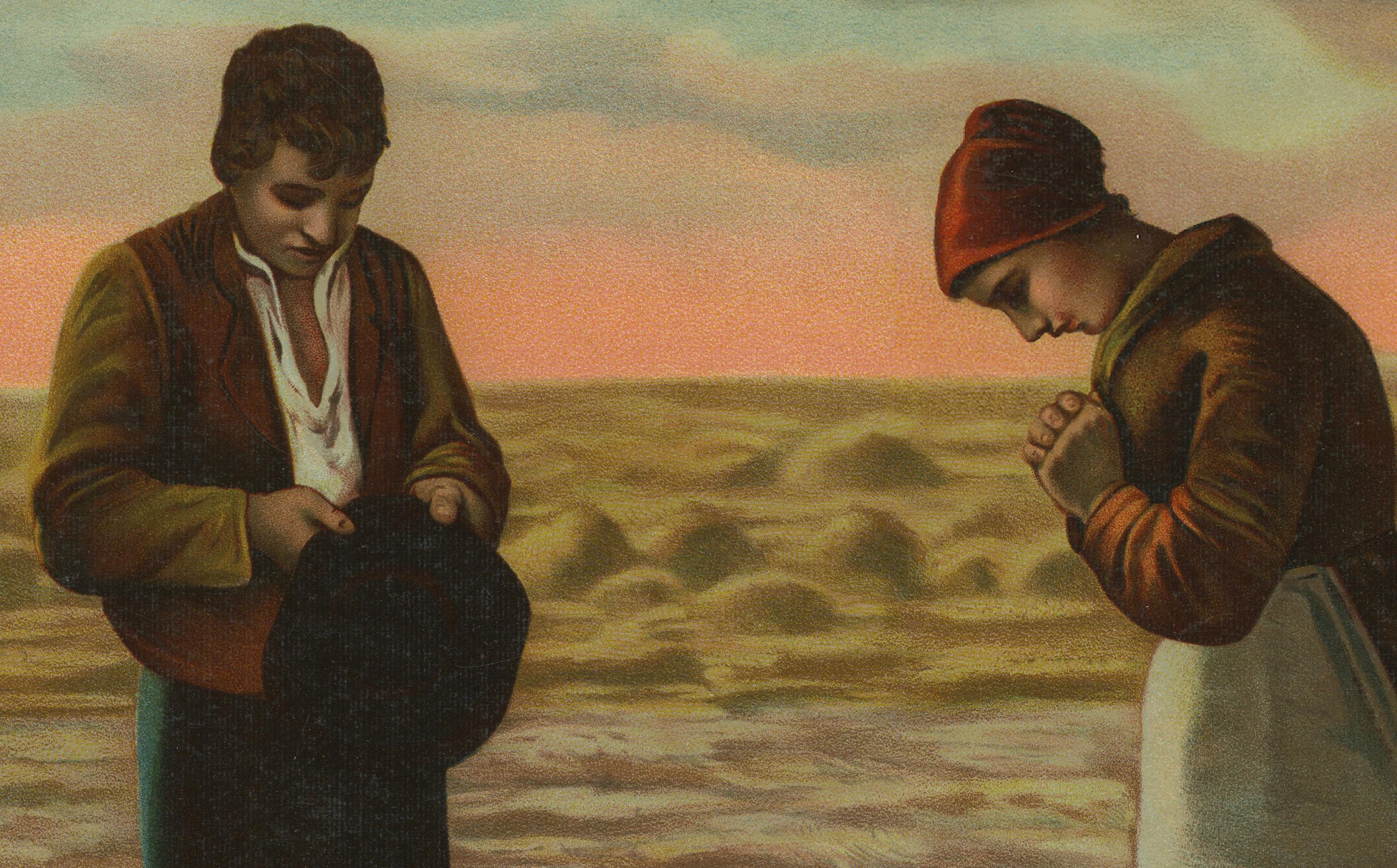 Der Angelus bei Sonnenuntergang, nach Millet, antike europäische Chromolithographie, um 1900 (Deutsch) im Angebot