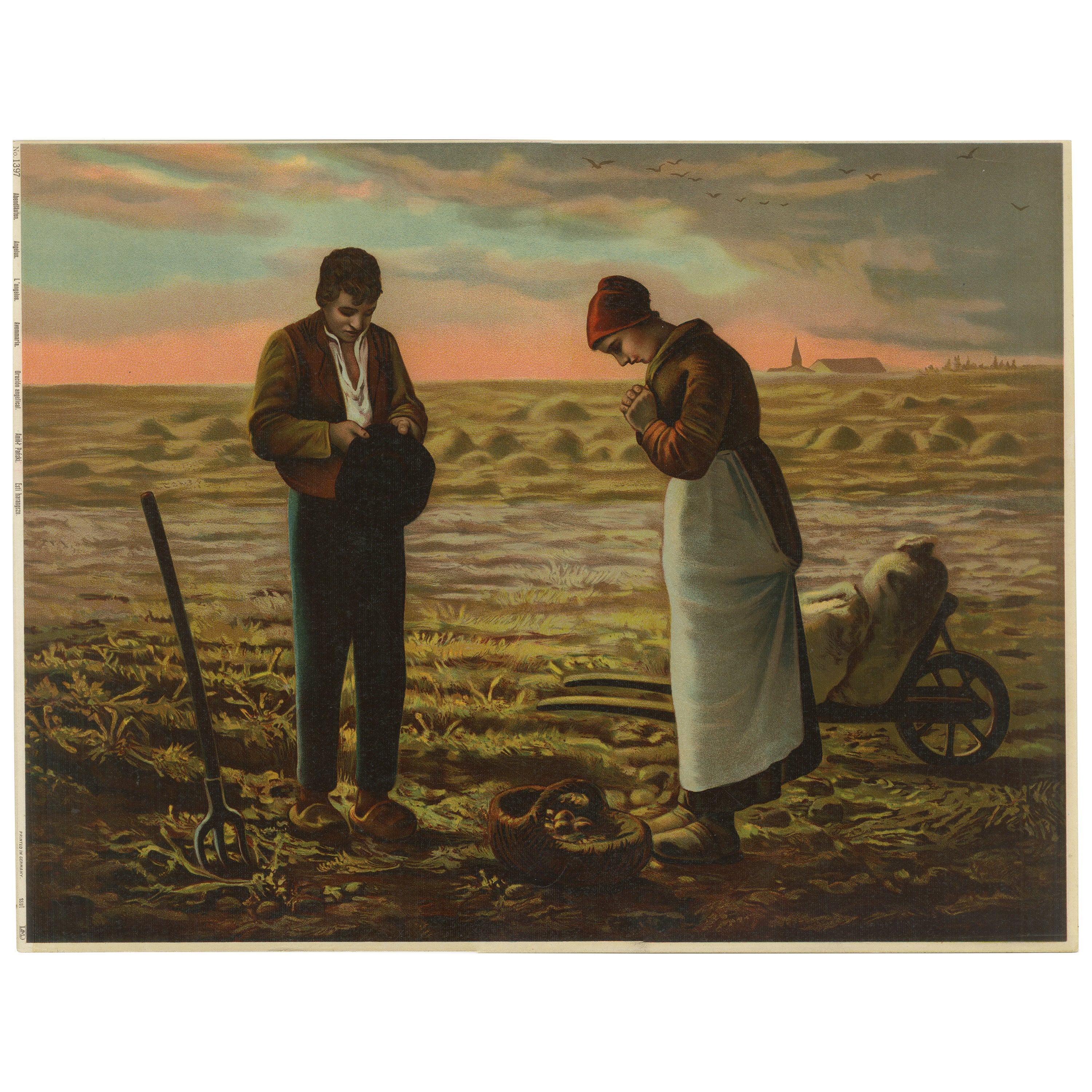 The Angelus at Sunset, After Millet, Antique European Chromolithograph, c.1900
