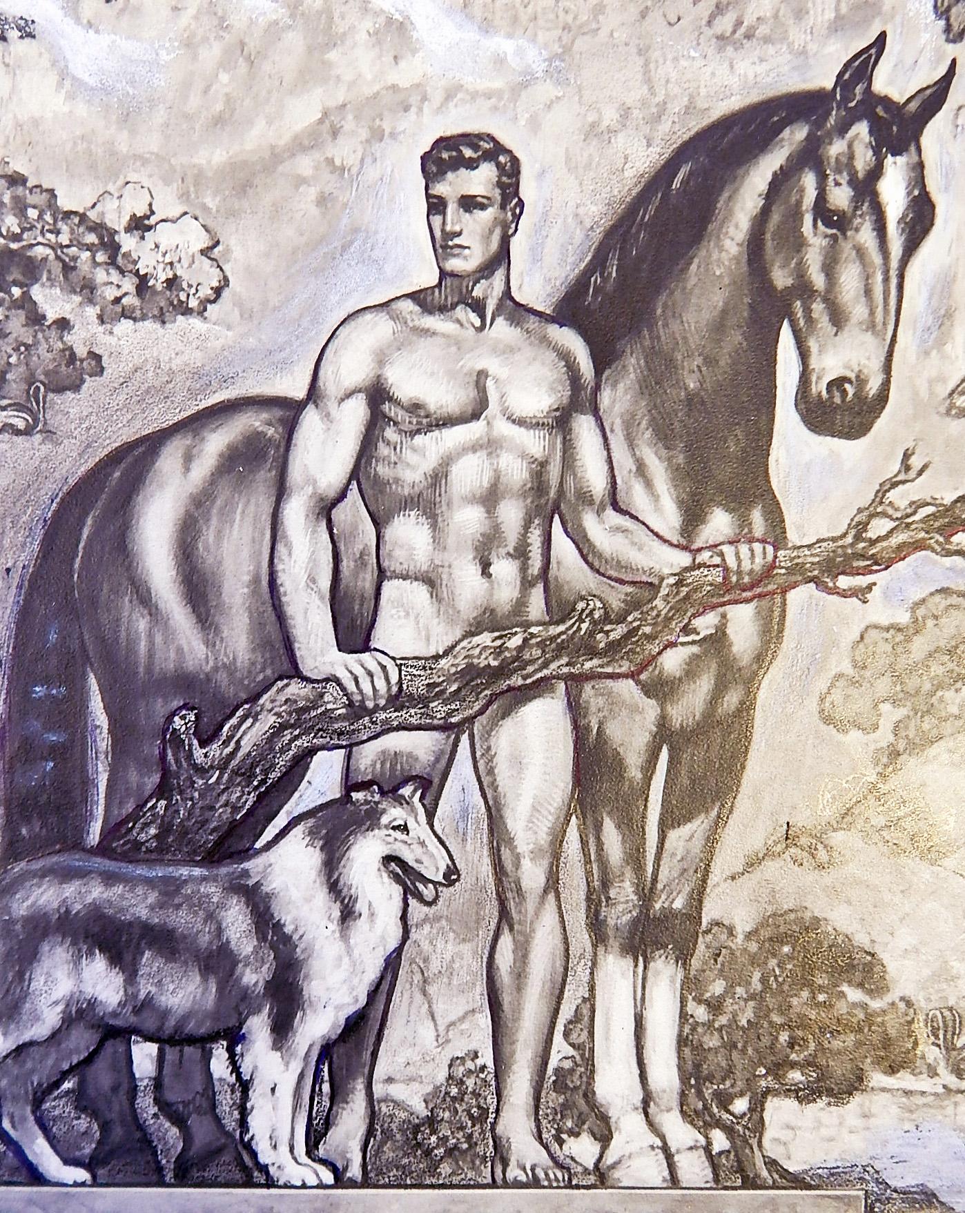 À notre connaissance, cette étude est la seule image connue de cette peinture murale, créée par John Garth pour montrer un homme idéalisé au travail et au jeu, tous nus ou semi-nus, et accompagnés d'animaux allant du Colli et du cheval à l'écureuil