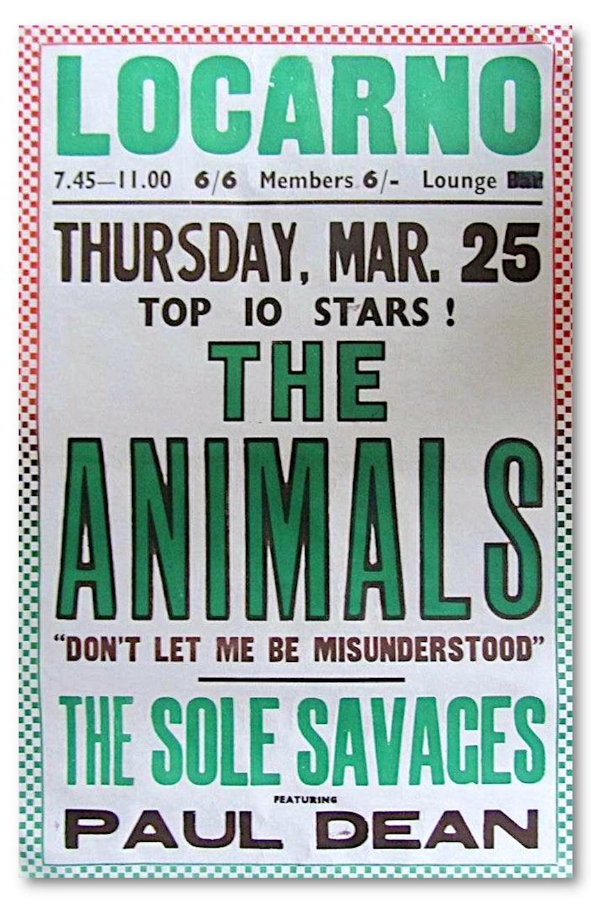 A rare original 1965 poster advertising the Animals at the Locarno ballroom in Swindon, UK. 
The Animals were among the biggest British bands of the 60s, with top 10 hits including The House of the Rising Sun, which went to #1 in the UK and US, We