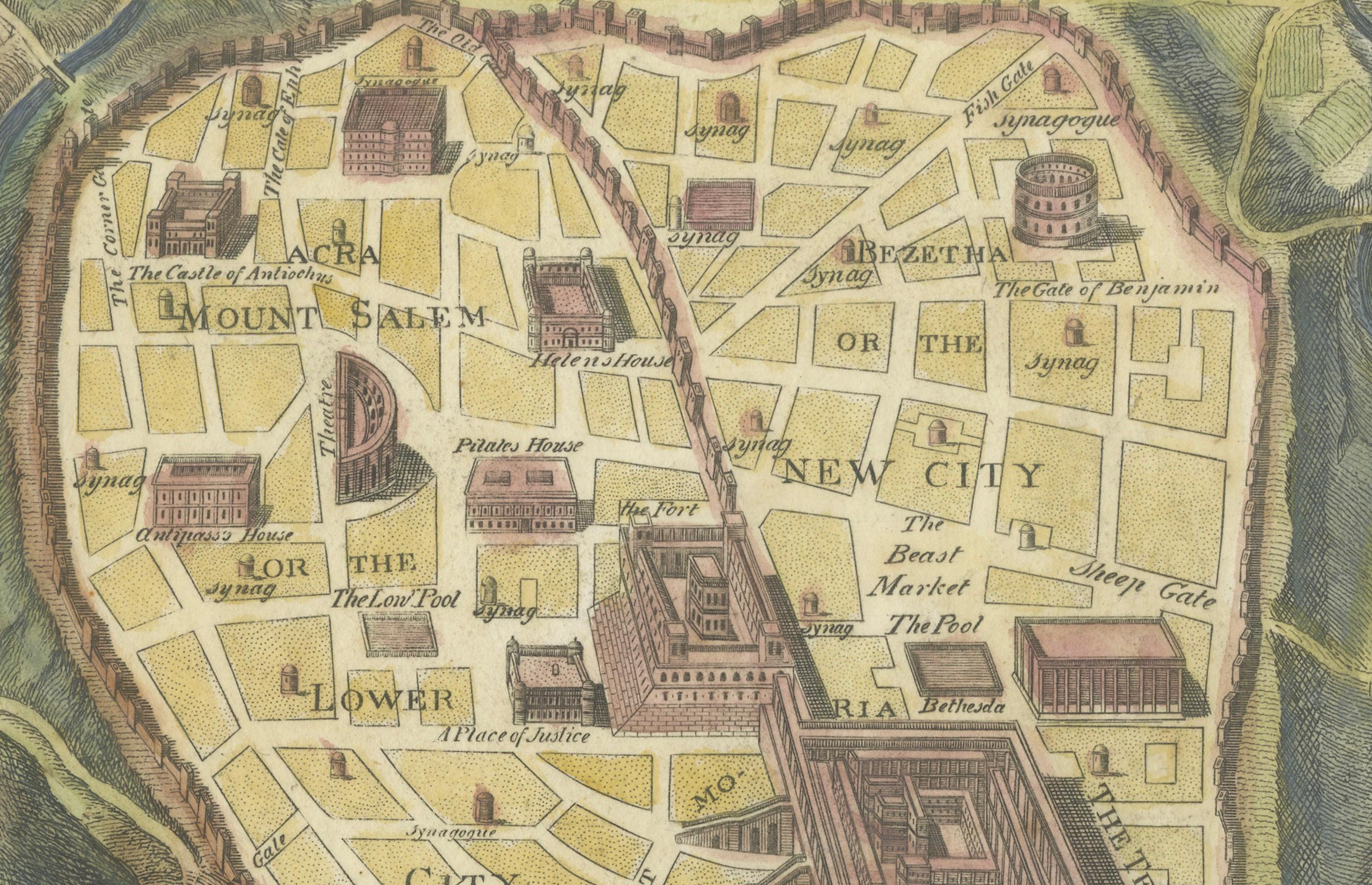 The Antient City of Jerusalem and Places Adjacent, handkolorierte Karte, 1699 (Graviert) im Angebot