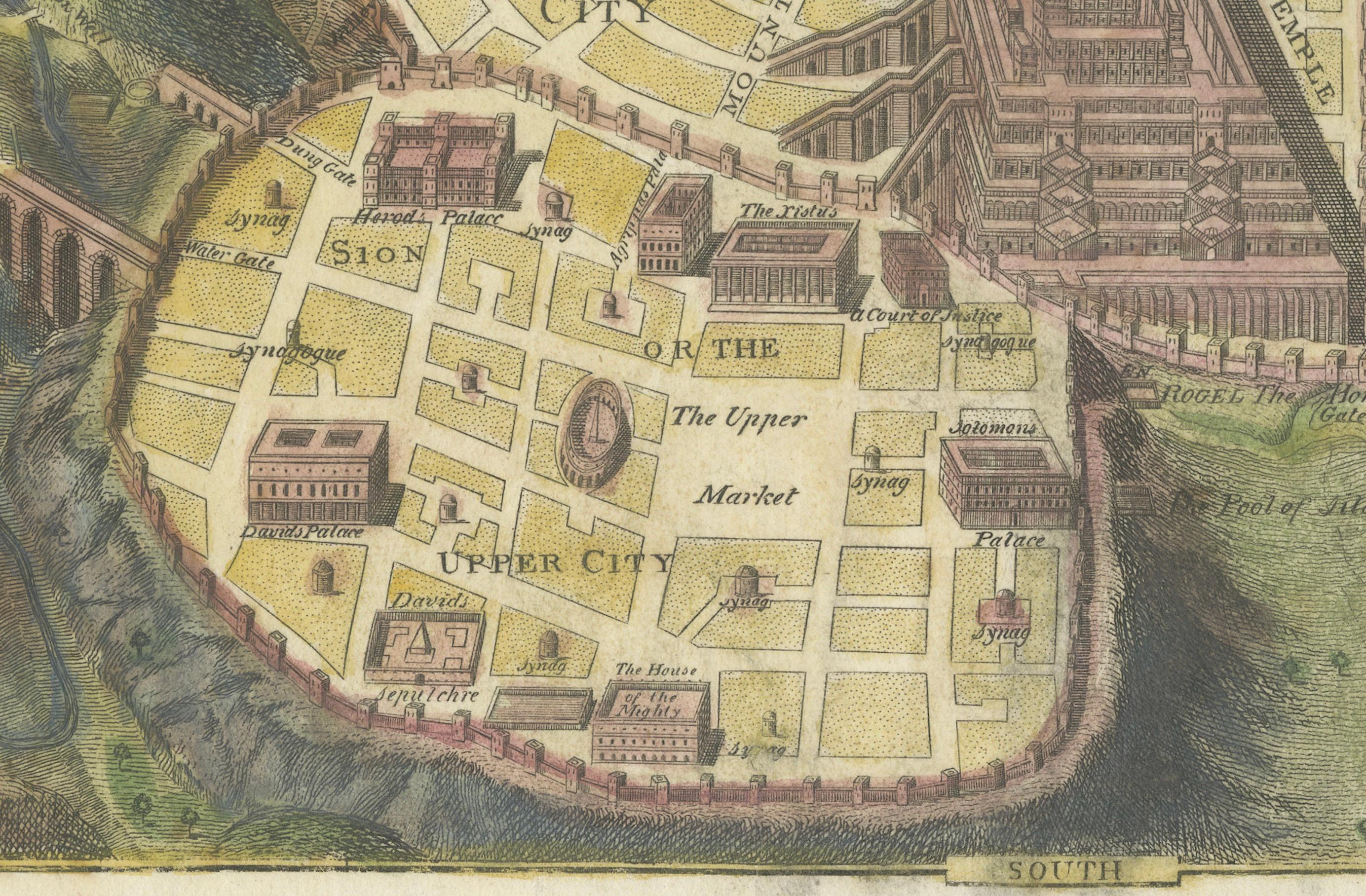 The Antient City of Jerusalem and Places Adjacent, handkolorierte Karte, 1699 im Zustand „Gut“ im Angebot in Langweer, NL