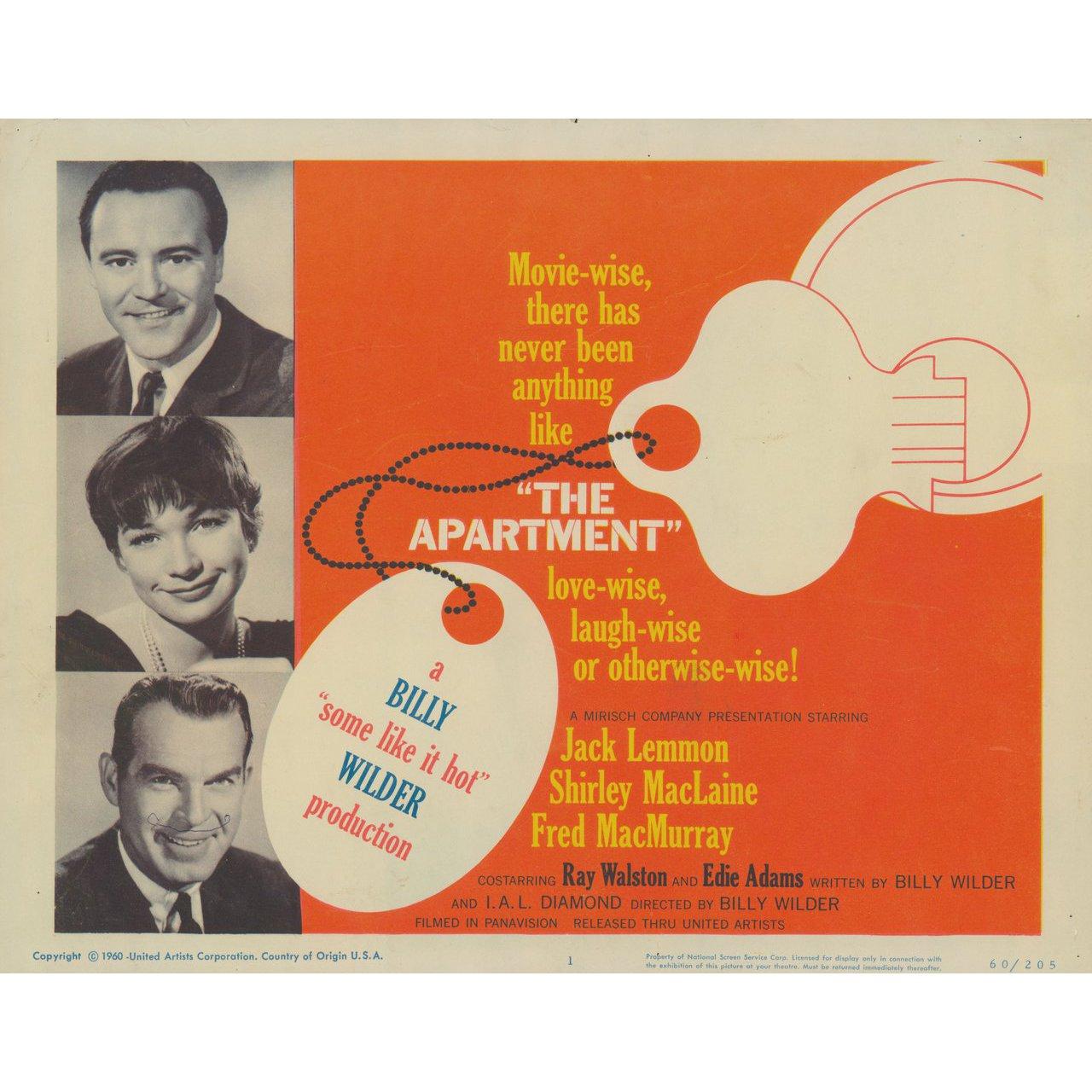 Original 1960 U.S. title card for the film The Apartment directed by Billy Wilder with Jack Lemmon / Shirley MacLaine / Fred MacMurray / Ray Walston. Very Good condition, creased w/ pen mark. Please note: the size is stated in inches and the actual