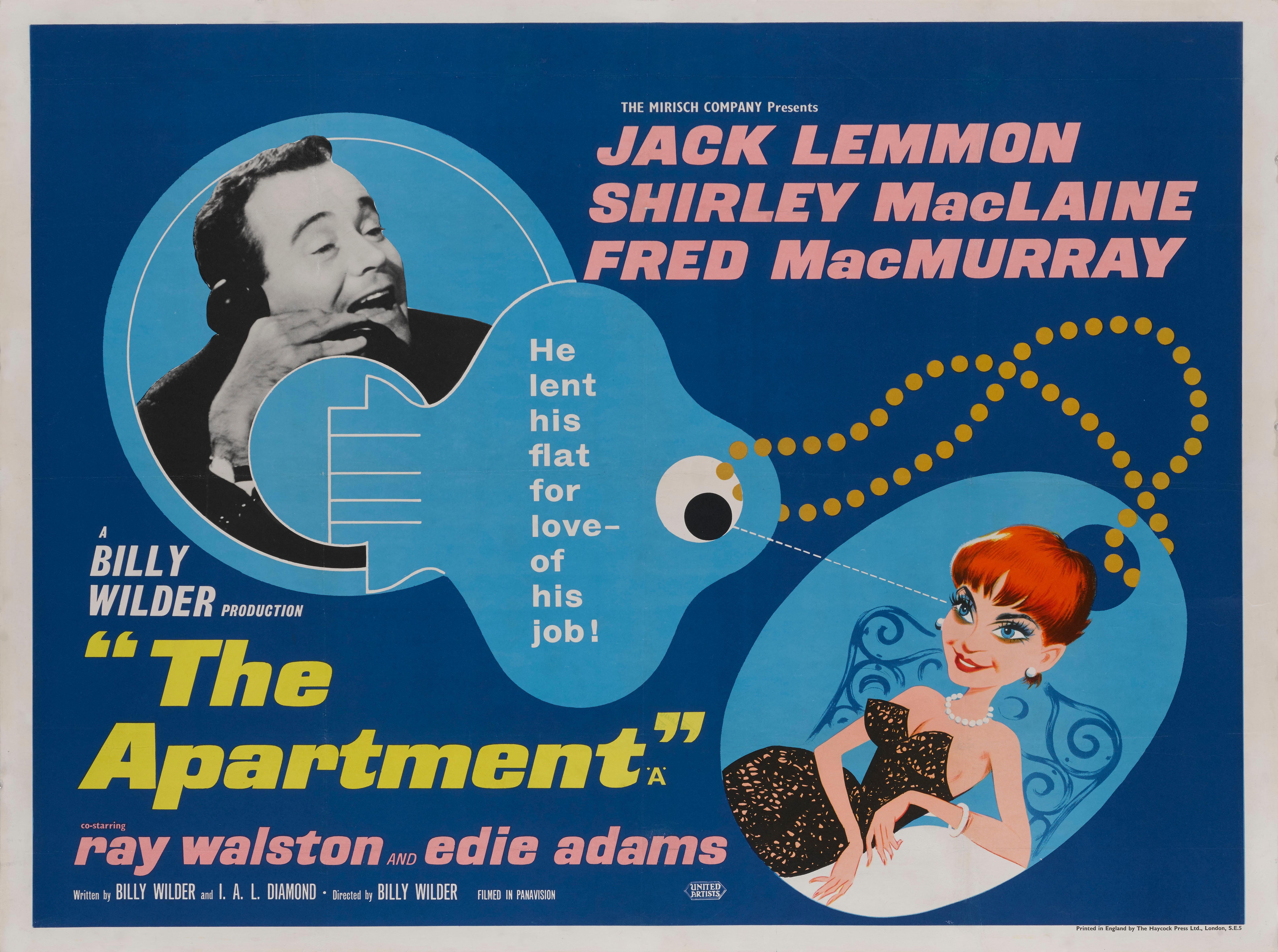 Original British film poster.
This 1960 romantic comedy was produced and directed by Billy Wilder. It stars Jack Lemmon, Shirley MacLaine and Fred MacMurray. This film was nominated for ten academy award ten awards and won five, including best