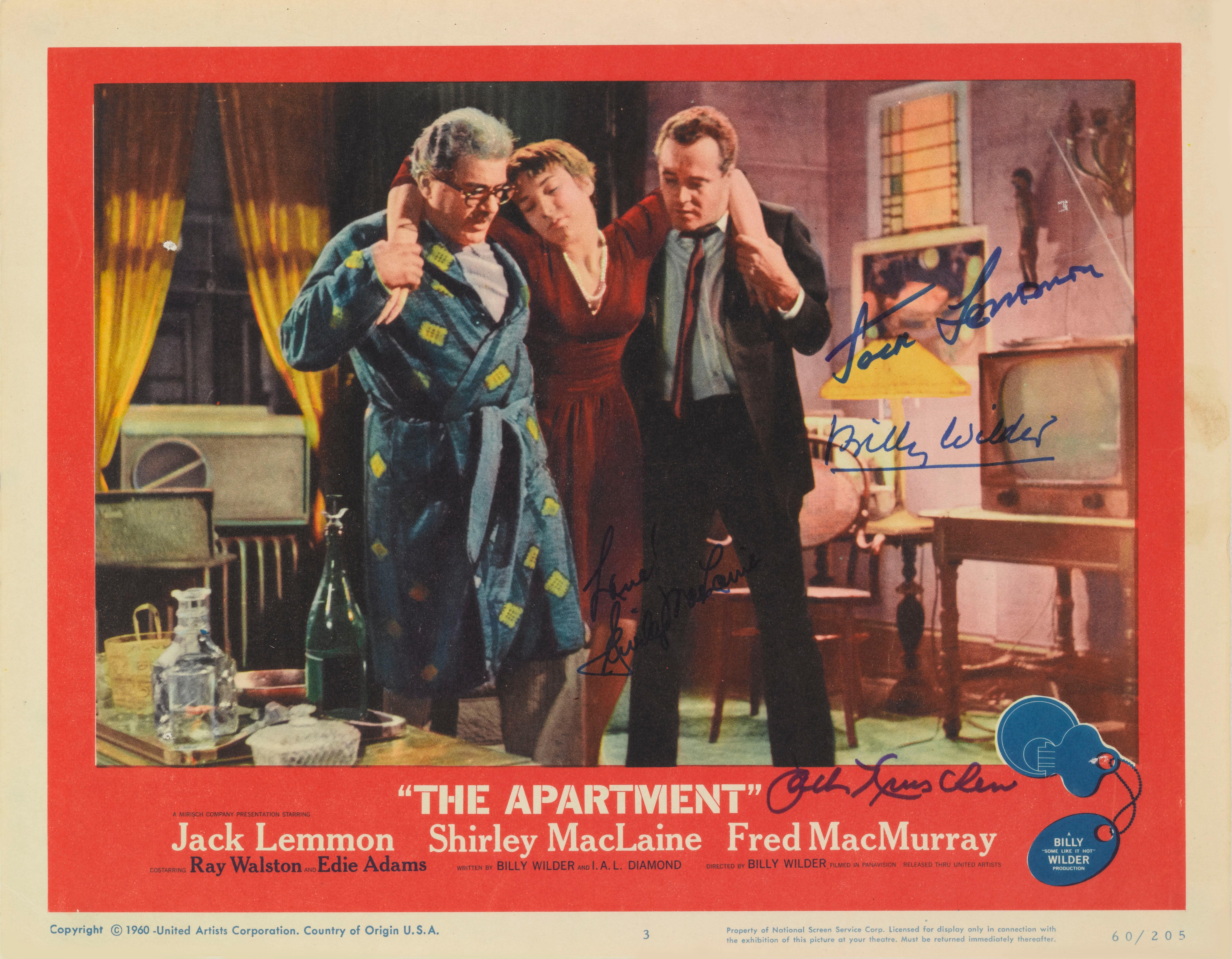 Original US lobby card for Billy Wilder's classic 1960 comedy staring Shirley MacLaine, Jack Lemmon. This card came from someone who worked in the same offices as Billy Wilder and managed to get it signed by Billy Wilder, Jack Lemmon, Shirley