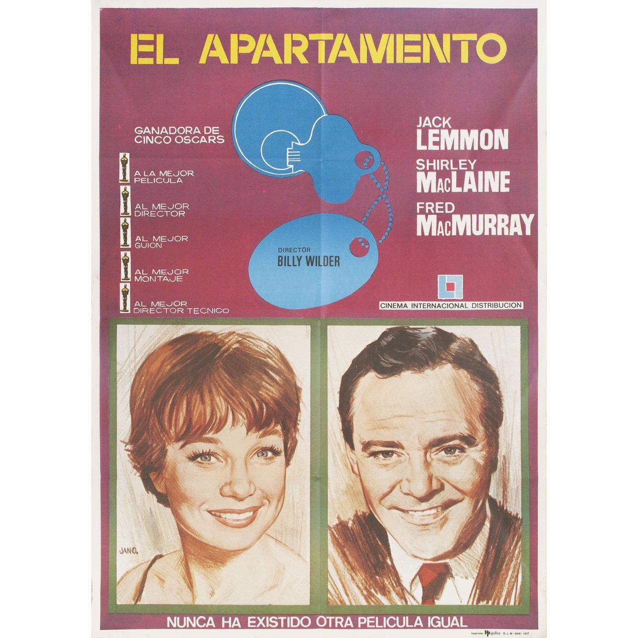 Original 1977 re-release Spanish B1 poster by Jano for the 1960 film The Apartment directed by Billy Wilder with Jack Lemmon / Shirley MacLaine / Fred MacMurray / Ray Walston. Very Good-Fine condition, folded. Many original posters were issued