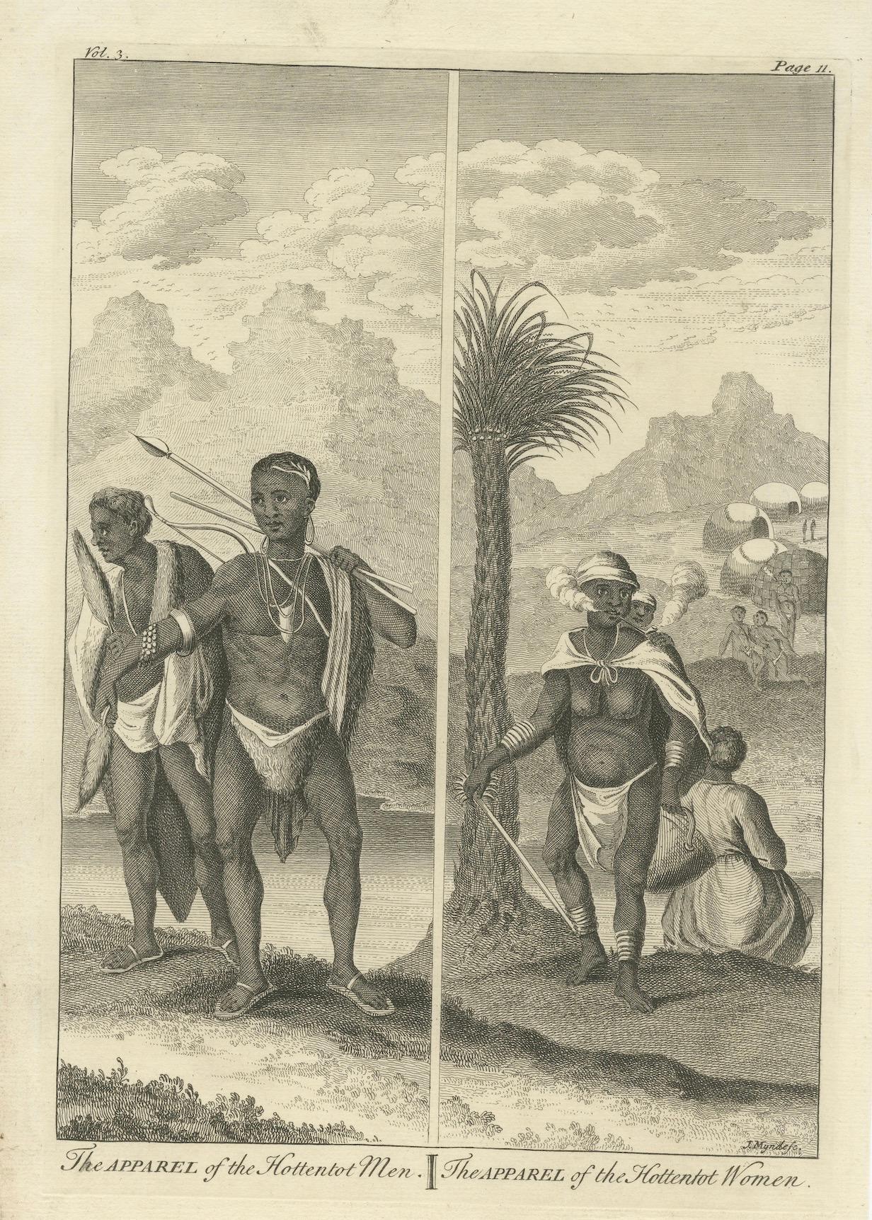 Mid-18th Century The Apparel of Hottentot Men and Women: Old Engraving, Cape of Good Hope, 1745 For Sale
