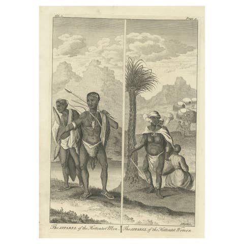 The Apparel of Hottentot Men and Women: Old Engraving, Cape of Good Hope, 1745
