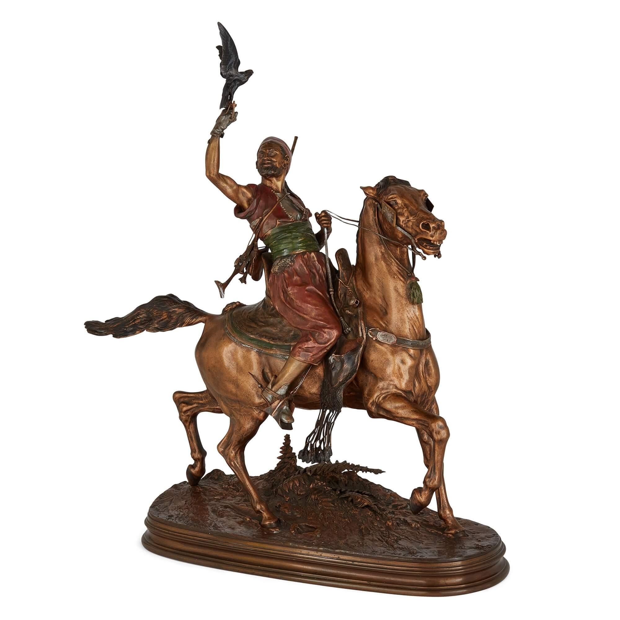 'The Arab Falconer', antique painted bronze sculpture after Pierre-Jules Mêne
French, 19th Century 
Height 80cm, width 71cm, depth 31cm

After the celebrated French animalier sculptor, Pierre-Jules Mêne (1810-1879), the sculpture is known as ‘The