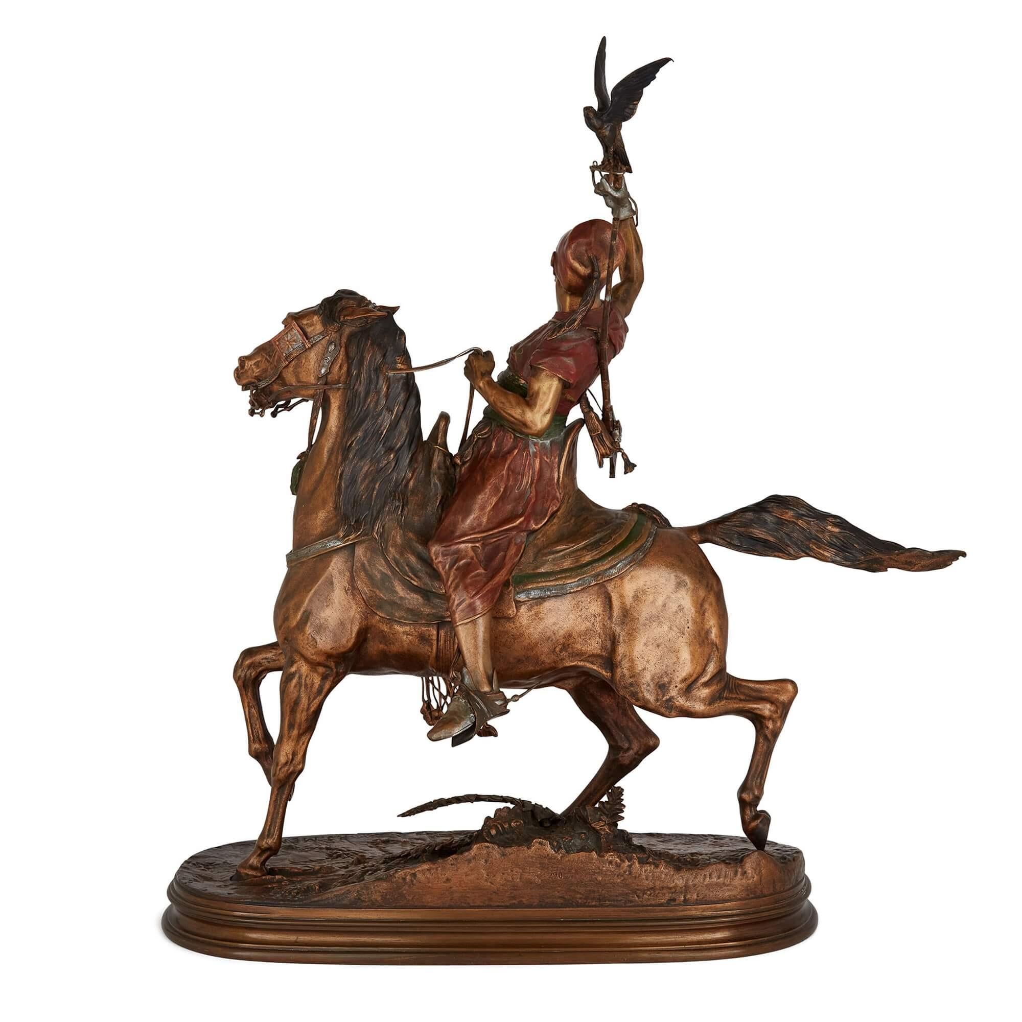 Cast 'The Arab Falconer' Antique Painted Bronze Sculpture After Pierre-Jules Mêne For Sale