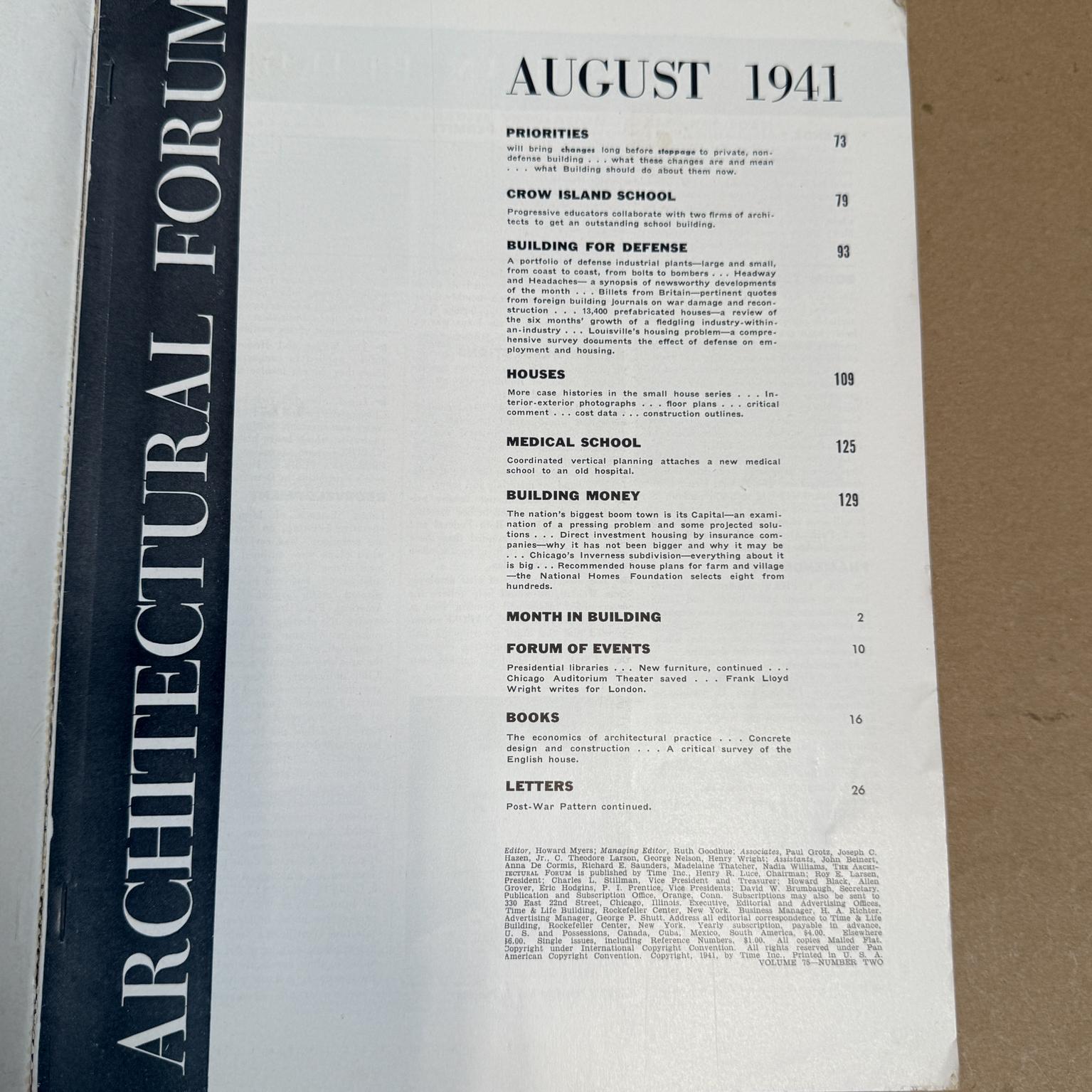 The Architectural Forum August 1941 Magazine Time Inc Bon état - En vente à Chula Vista, CA