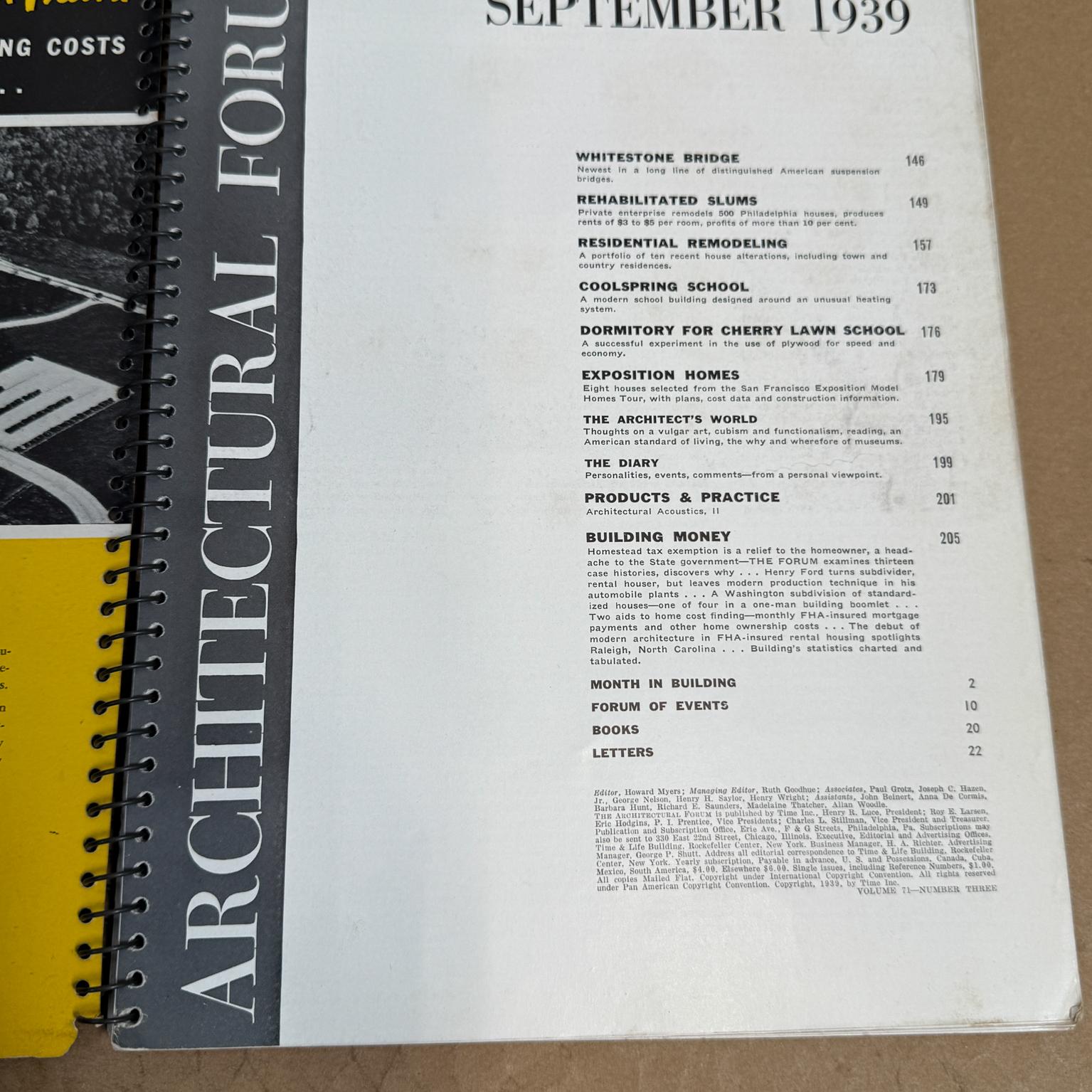 The Architectural Forum September 1939 Magazine Time Inc Bon état - En vente à Chula Vista, CA