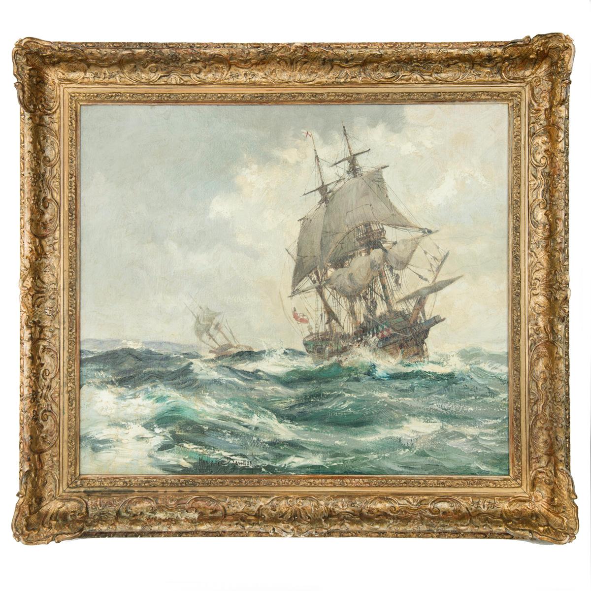 ‘The Ark and the Dove off the Scillies with Lord Baltimore aboard’ by Montague Dawson, reputedly a commission for the White House,  oil on board, showing the two ships of Cecilius Calvert, Lord Baltimore, on their first expedition to Maryland in
