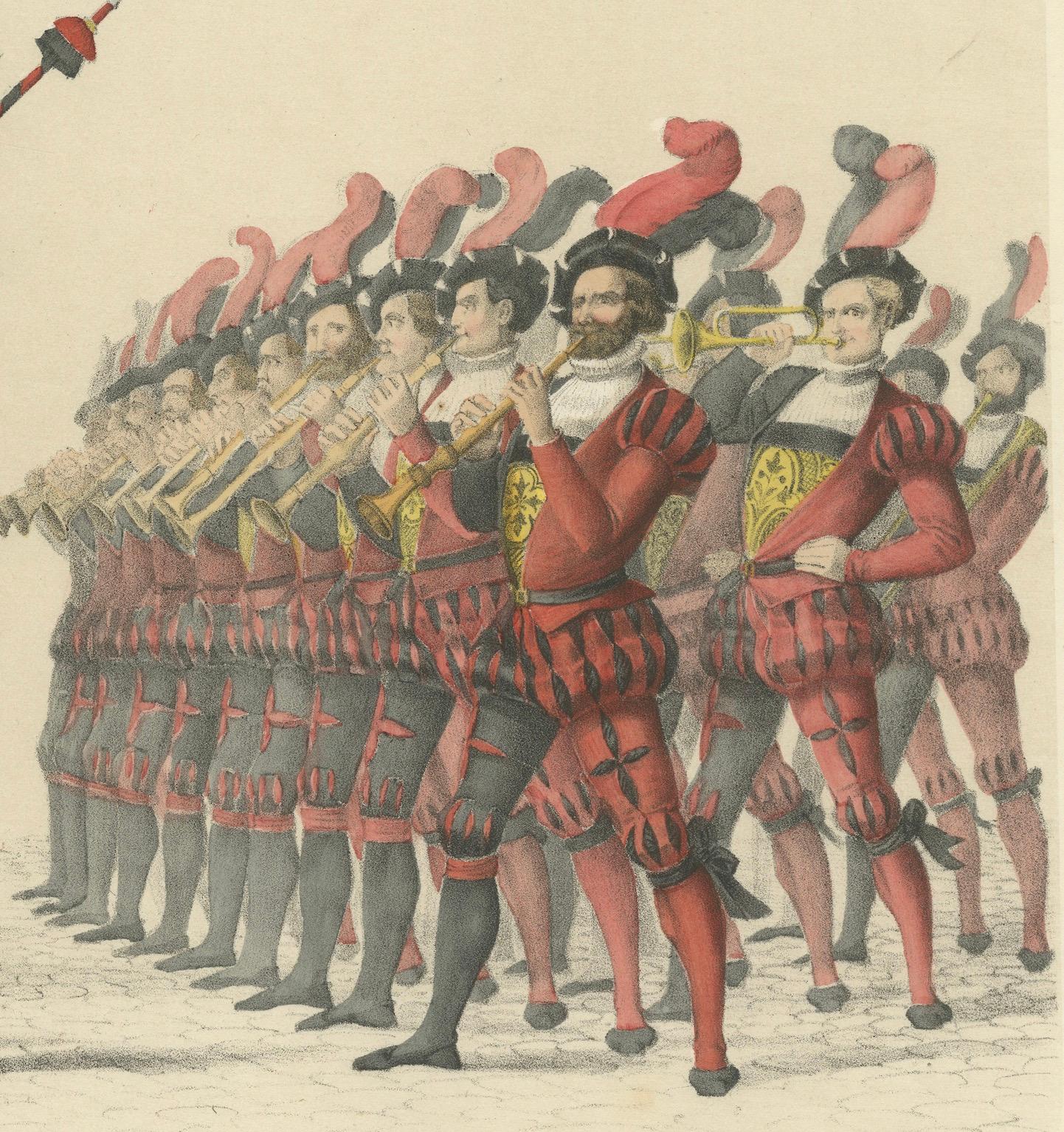 Der gepanzerte Anführer und der Bär - eine einzigartige Berner Prozession, 1855 im Zustand „Gut“ im Angebot in Langweer, NL