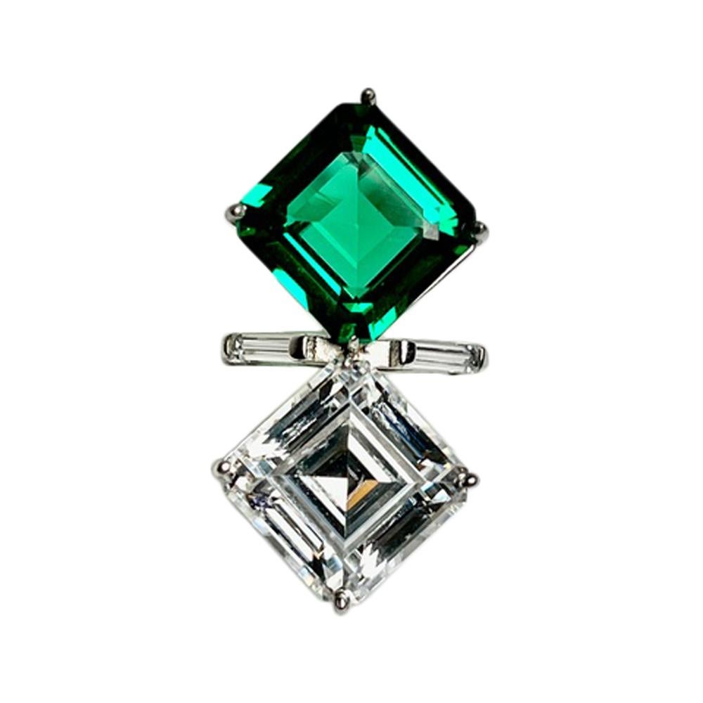 Emerald Cut The Art Deco Toi et Moi Love Lab CZ Diamond Cut  and Lab Emerald  Ring For Sale