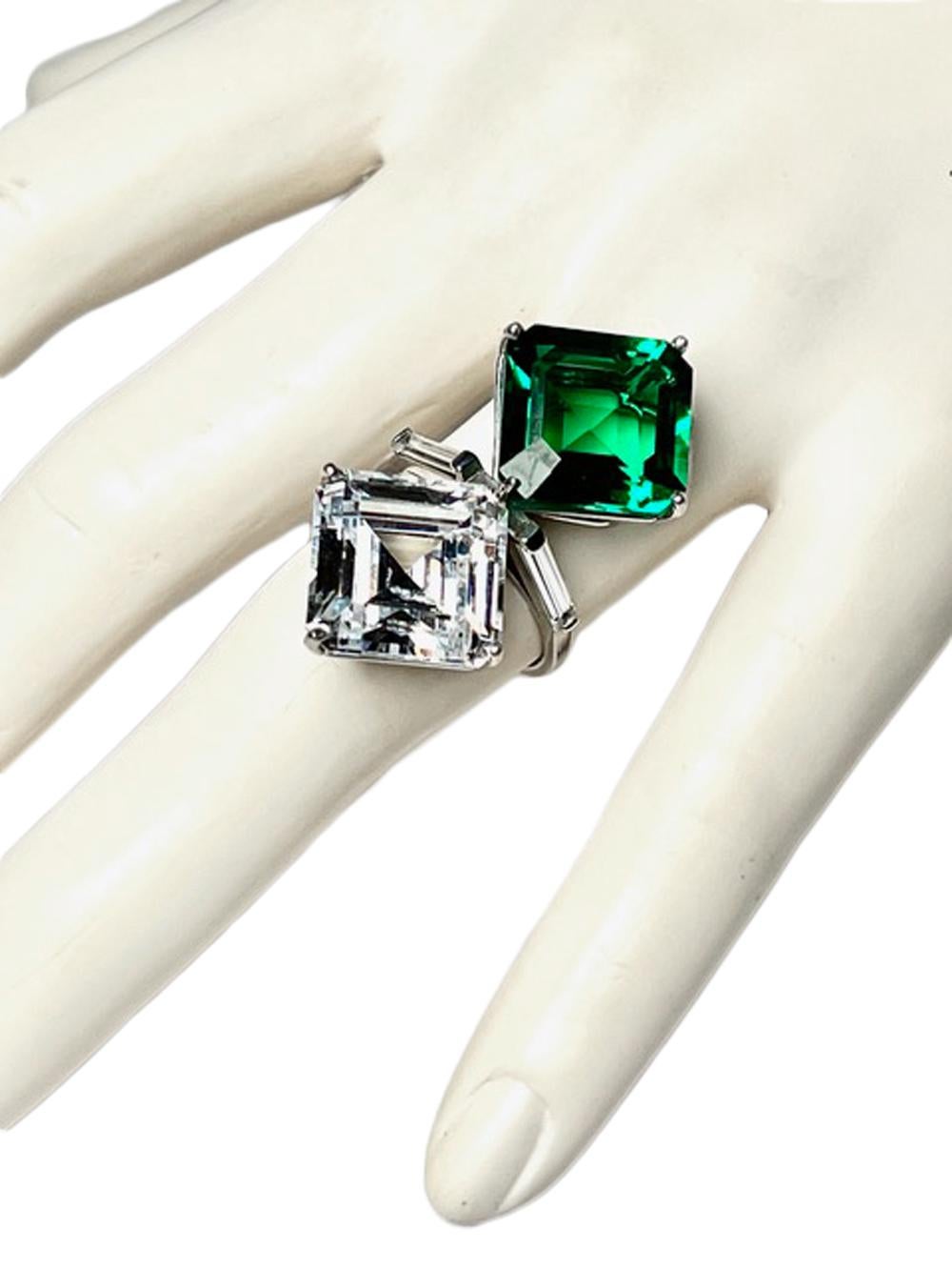 The Art Deco Toi et Moi Love Lab CZ Diamond Cut  and Lab Emerald  Ring In New Condition For Sale In New York, NY