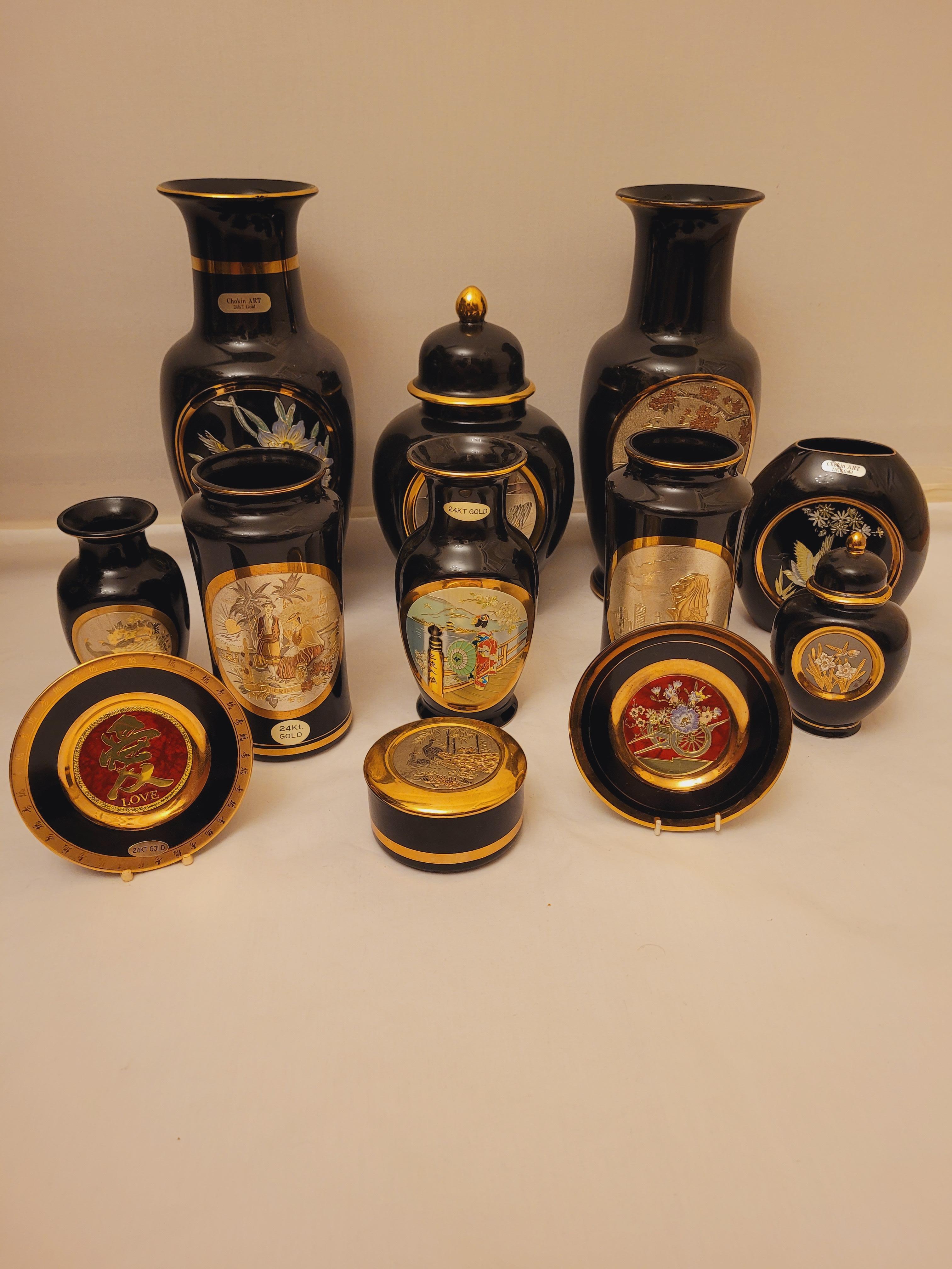 Beautiful Art of Chokin set of seven vases, one dish and two plates.
