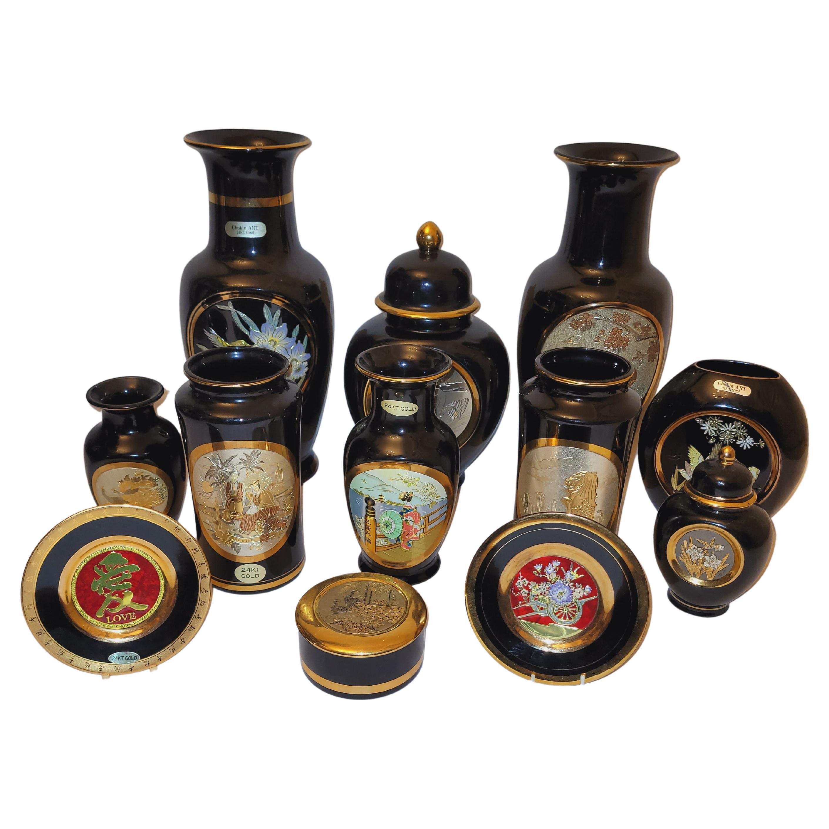 The Art of Chokin Gilded Ceramics Set For Sale