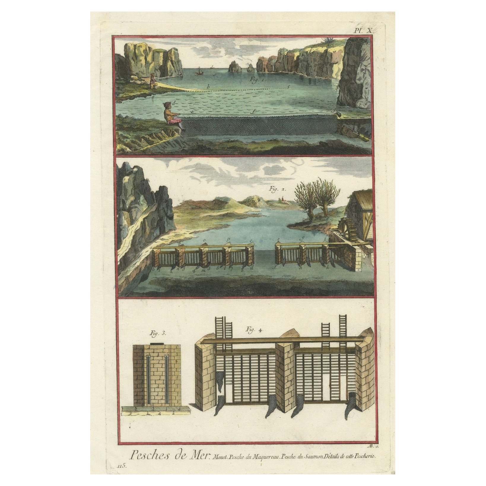 The Art of Mackerel and Salmon Fishing - Eine exquisite Panckoucke-Stickerei aus dem Jahr 1793 im Angebot