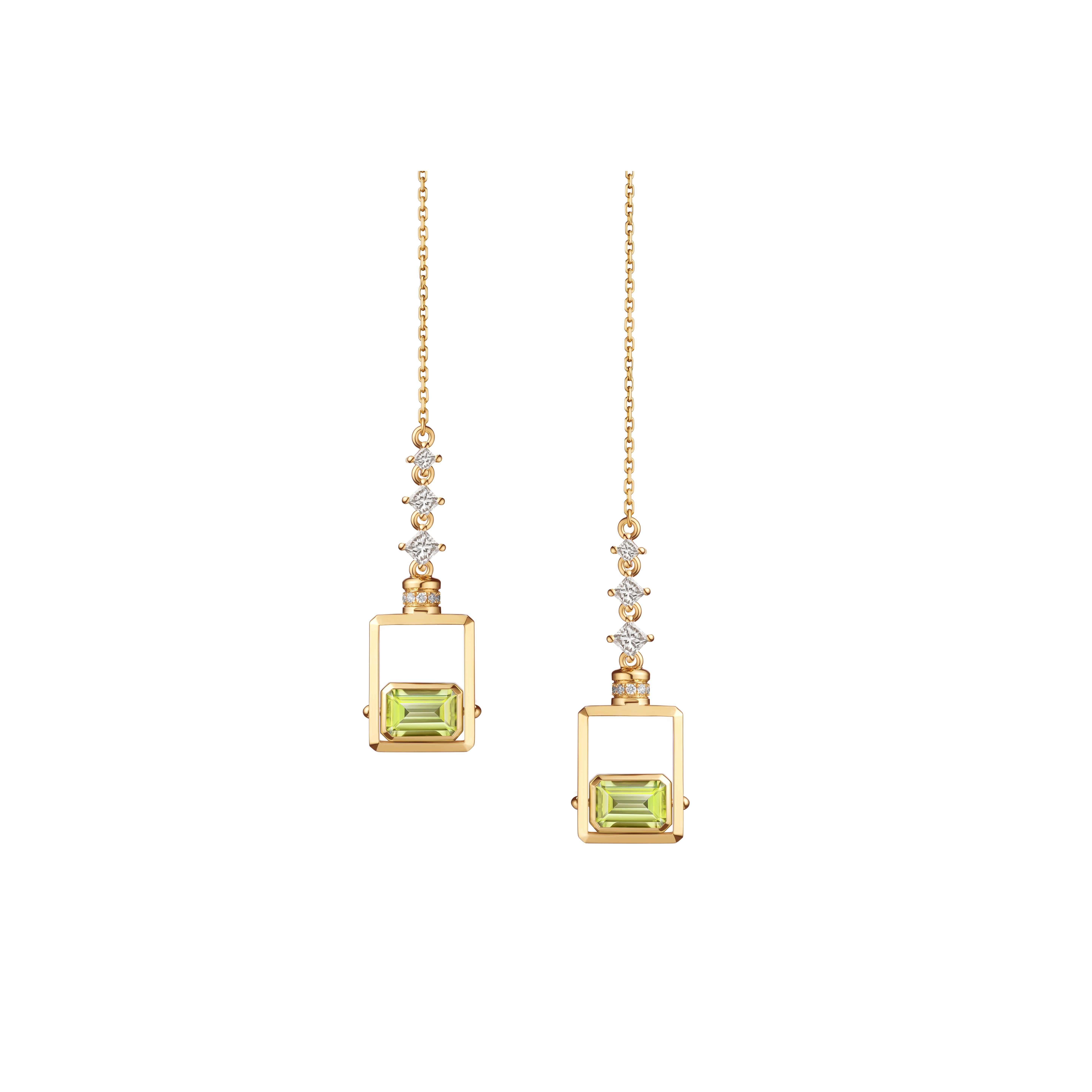 Art of Travel "Gem Perfume" Chain Earrings 18k Yellow Gold Green Peridot Diamond For Sale