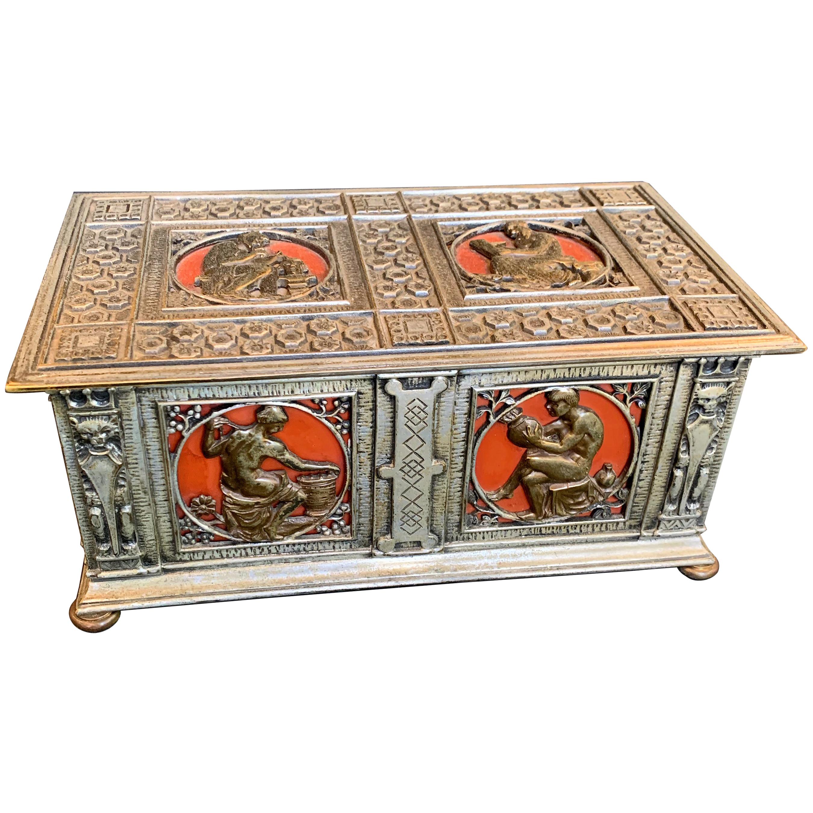 "The Arts, " Large Silvered Bronze Casket with Symbols of Pottery, Spinning et Al For Sale