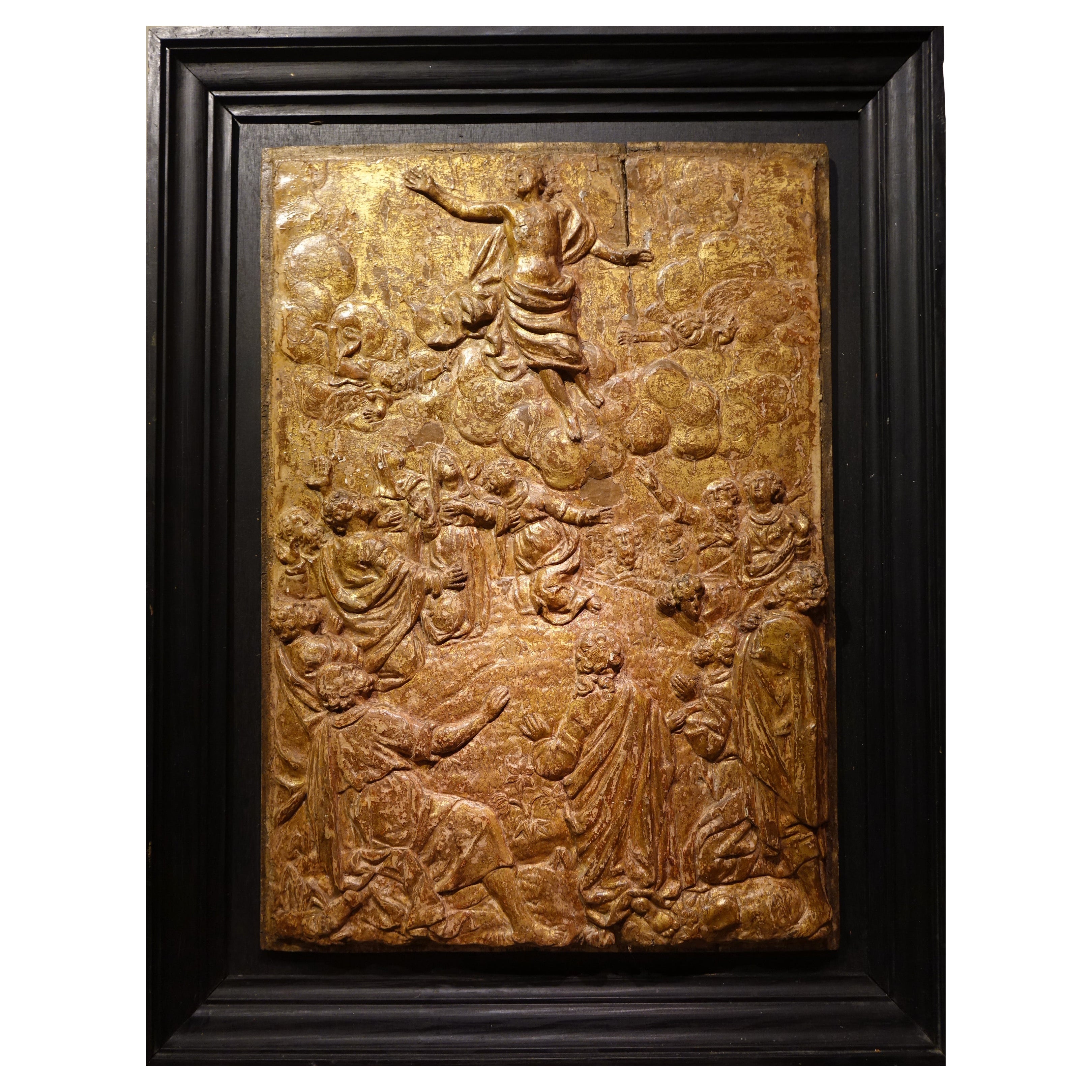 The Ascension Of Christ, Basrelief aus vergoldetem Holz, 17. Jahrhundert Flandern? im Angebot